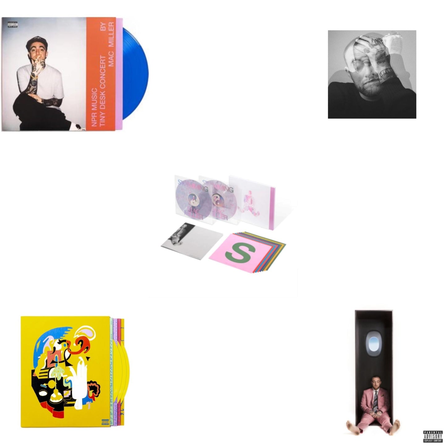 Mac Miller - Npr Music Tiny Desk Concert (Translucent Blue LP Vinyl/B-Side Etching/Insert) & Swimming (5 Year) (2LP/Milky Clear/Hot Pink/Sky Blue Marble Vinyl) & Faces (3LP/Yellow Vinyl) & Swimming (X) & Circles (2LP/Clear Vinyl)