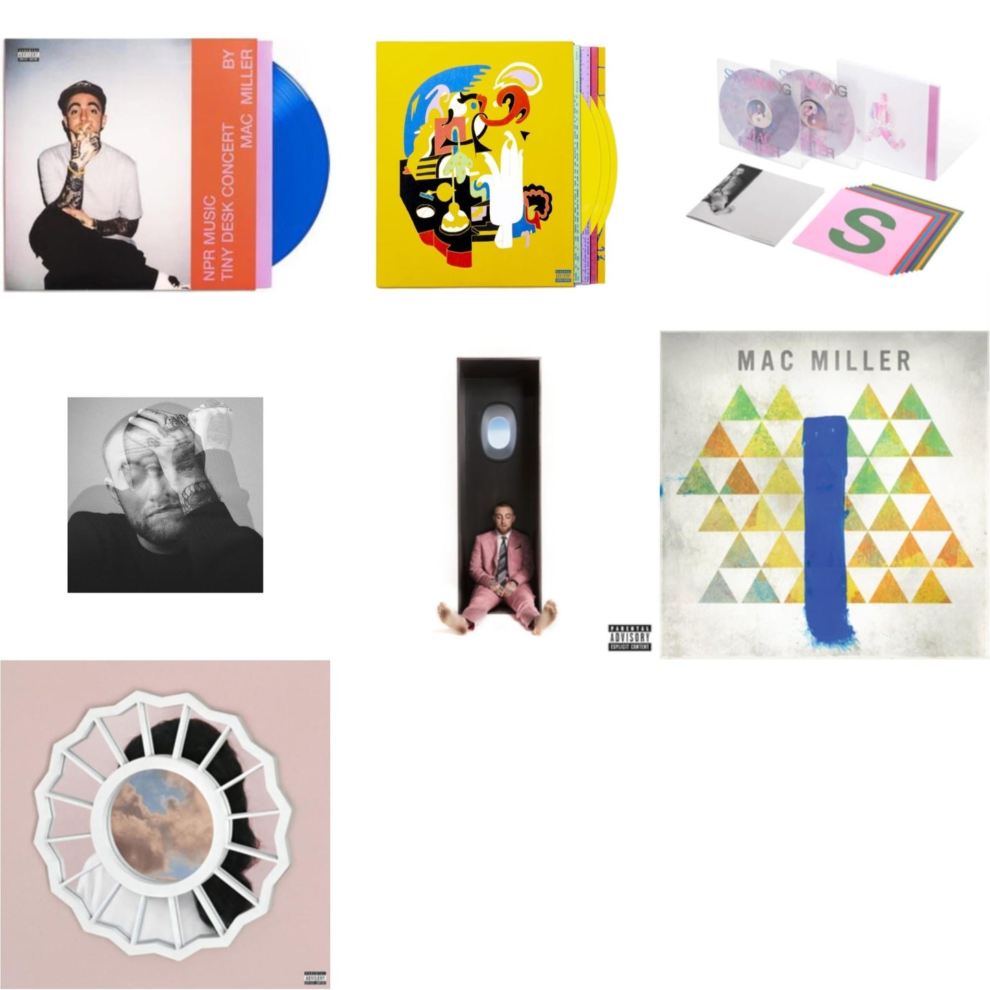 Mac Miller - Npr Music Tiny Desk Concert (Translucent Blue LP Vinyl/B-Side Etching/Insert) & Swimming (5 Year) (2LP/Milky Clear/Hot Pink/Sky Blue Marble Vinyl) & Faces (3LP/Yellow Vinyl) & Swimming (X) & Circles (2LP/Clear Vinyl) & Divine Feminine