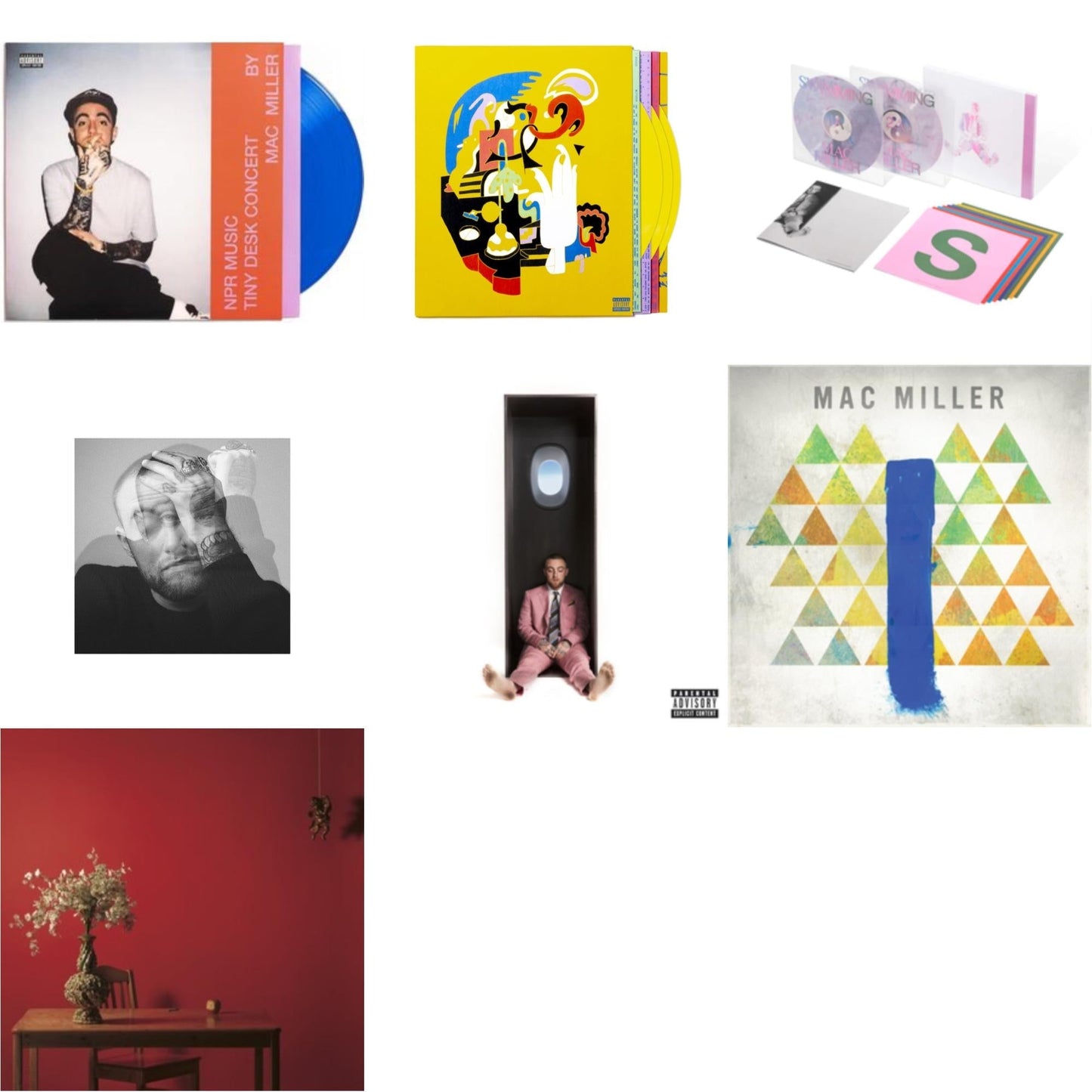 Mac Miller - Npr Music Tiny Desk Concert (Translucent Blue LP Vinyl/B-Side Etching/Insert) & Swimming (5 Year) (2LP/Milky Clear/Hot Pink/Sky Blue Marble Vinyl) & Faces (3LP/Yellow Vinyl) & Swimming (X) & Circles (2LP/Clear Vinyl) & Watching Movies