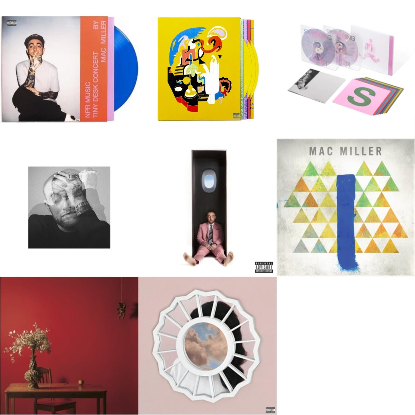 Mac Miller - Npr Music Tiny Desk Concert (Translucent Blue LP Vinyl/B-Side Etching/Insert) & Swimming (5 Year) (2LP/Milky Clear/Hot Pink/Sky Blue Marble Vinyl) & Faces (3LP/Yellow Vinyl) & Swimming (X) & Circles (2LP/Clear Vinyl) & Divine Feminine