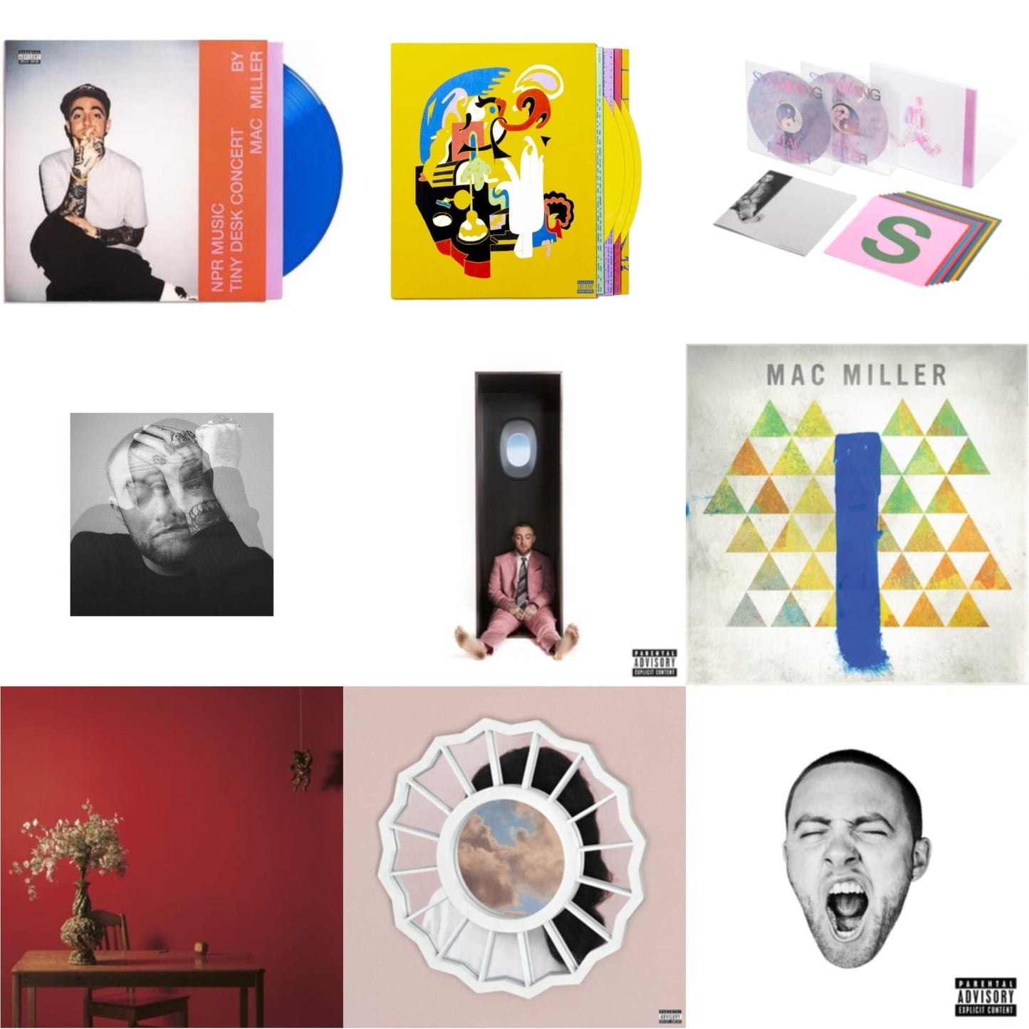 Mac Miller - Npr Music Tiny Desk Concert (Translucent Blue LP Vinyl/B-Side Etching/Insert) & Swimming (5 Year) (2LP/Milky Clear/Hot Pink/Sky Blue Marble Vinyl) & Faces (3LP/Yellow Vinyl) & Swimming (X) & Circles (2LP/Clear Vinyl) & Divine Feminine