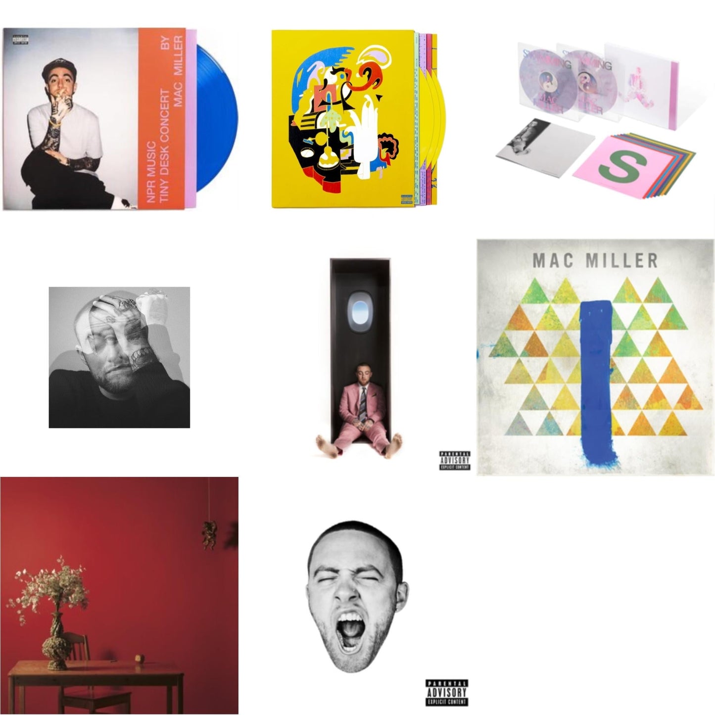 Mac Miller - Npr Music Tiny Desk Concert (Translucent Blue LP Vinyl/B-Side Etching/Insert) & Swimming (5 Year) (2LP/Milky Clear/Hot Pink/Sky Blue Marble Vinyl) & Faces (3LP/Yellow Vinyl) & Swimming (X) & Circles (2LP/Clear Vinyl) & Go:Od Am (X) &