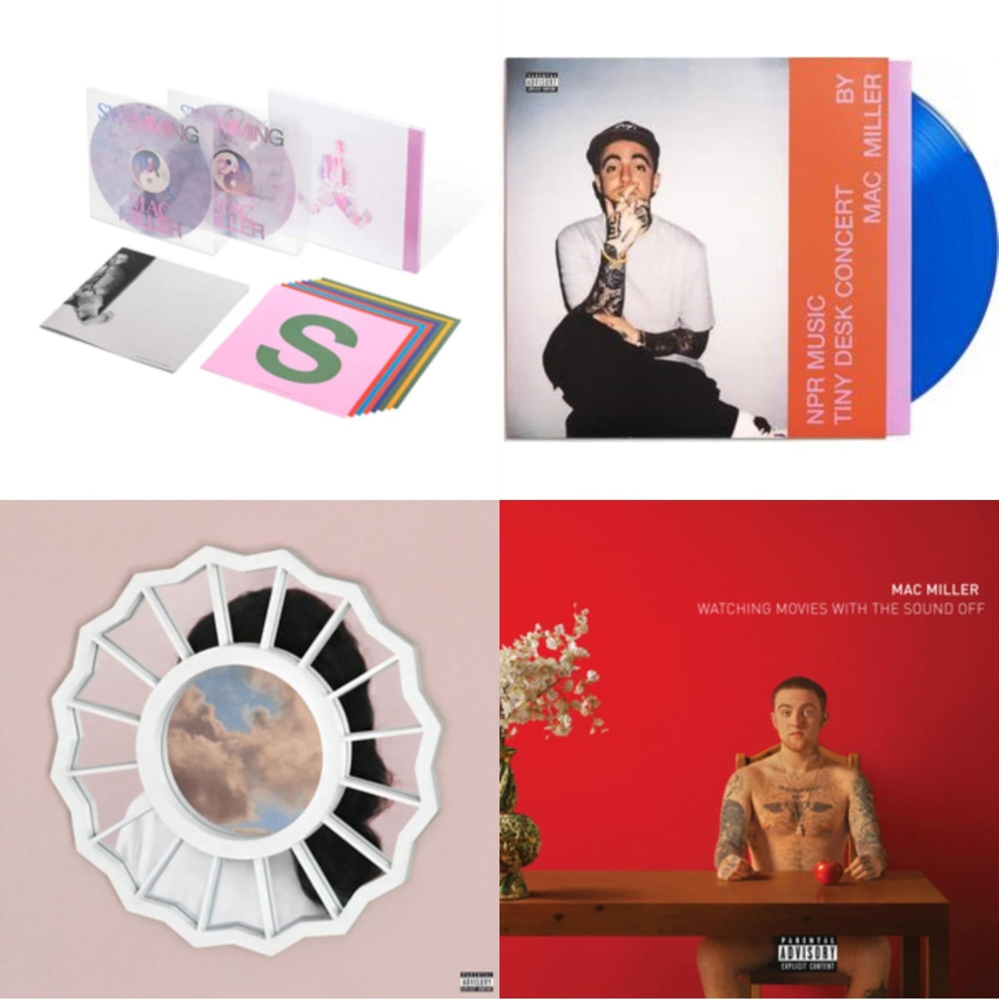 Mac Miller - Swimming (5 Year) (2LP/Milky Clear/Hot Pink/Sky Blue Marble Vinyl) & Npr Music Tiny Desk Concert (Translucent Blue LP Vinyl/B-Side Etching/Insert) & Divine Feminine (X) & Watching Movies With The Sound Off