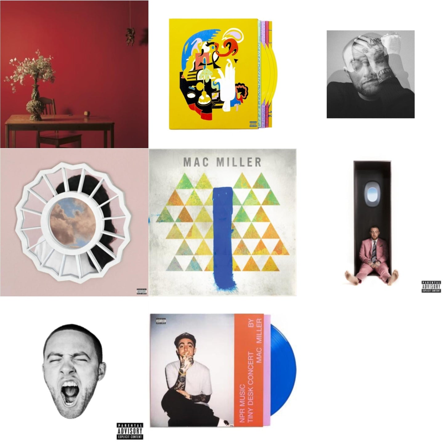 Mac Miller - Npr Music Tiny Desk Concert (Translucent Blue LP Vinyl/B-Side Etching/Insert) & Faces (3LP/Yellow Vinyl) & Swimming (X) & Circles (2LP/Clear Vinyl) & Divine Feminine (X) & Go:Od Am (X) & Watching Movies With The Sound Off (10 Year