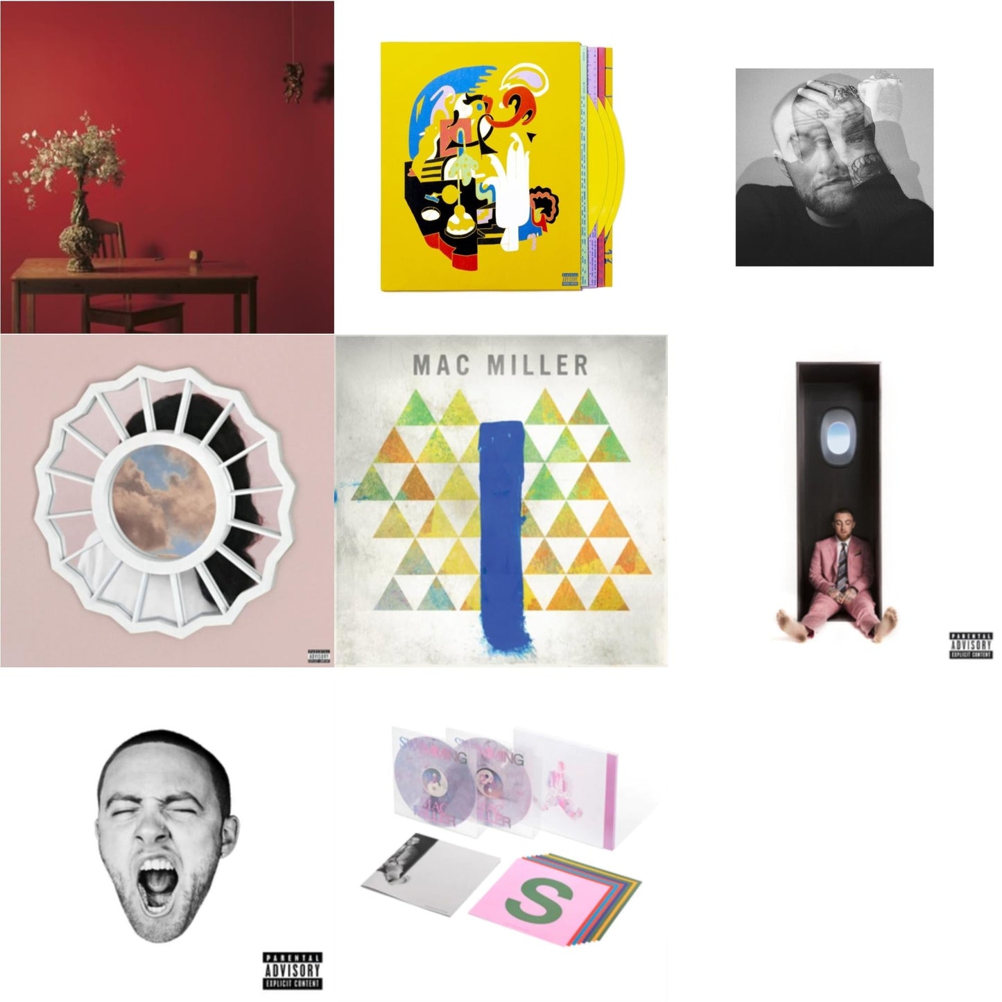 Mac Miller - Swimming (5 Year) (2LP/Milky Clear/Hot Pink/Sky Blue Marble Vinyl) & Faces (3LP/Yellow Vinyl) & Swimming (X) & Circles (2LP/Clear Vinyl) & Divine Feminine (X) & Go:Od Am (X) & Watching Movies With The Sound Off (10 Year