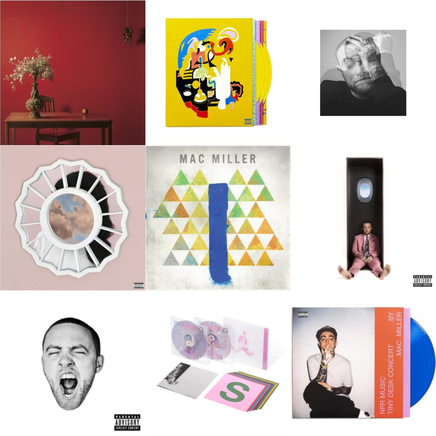 Mac Miller - Npr Music Tiny Desk Concert (Translucent Blue LP Vinyl/B-Side Etching/Insert) & Swimming (5 Year) (2LP/Milky Clear/Hot Pink/Sky Blue Marble Vinyl) & Faces (3LP/Yellow Vinyl) & Swimming (X) & Circles (2LP/Clear Vinyl) & Divine Feminine