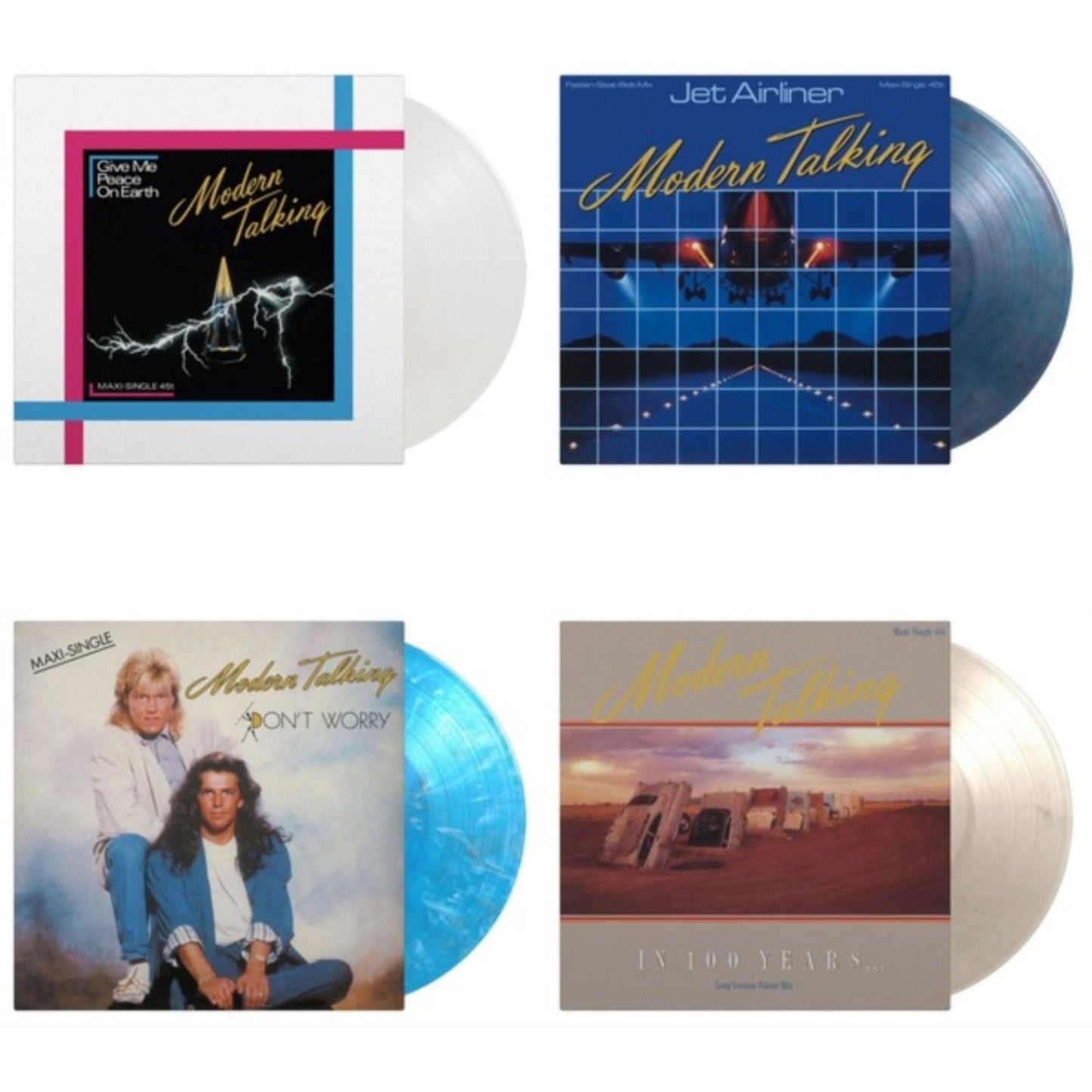 Modern Talking - Give Me Peace On Earth (Crystal Clear Vinyl/180G) & Jet Airliner (Translucent Blue & Red Marbled Vinyl/180G) & Don't Worry (180G/Blue, White & Black Marbled Vinyl) & In 100 Years (180G/Silver Marbled Vinyl)