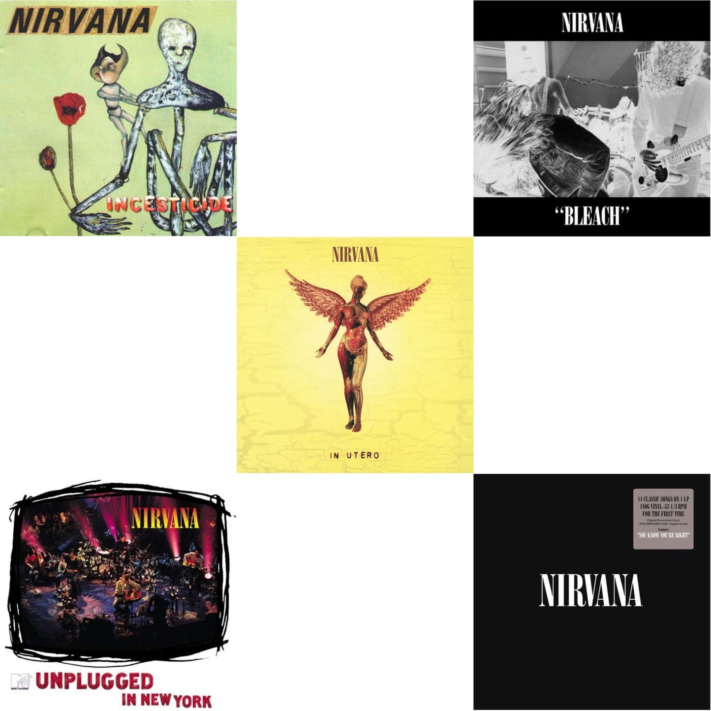 Nirvana - Bleach & Incesticide (20Th Anniversary 45RPM Edition) & Nirvana (150G/Dl Code) & In Utero (180G/33-1/3 RPM) & Unplugged In N.Y. - LP Vinyl Bundle