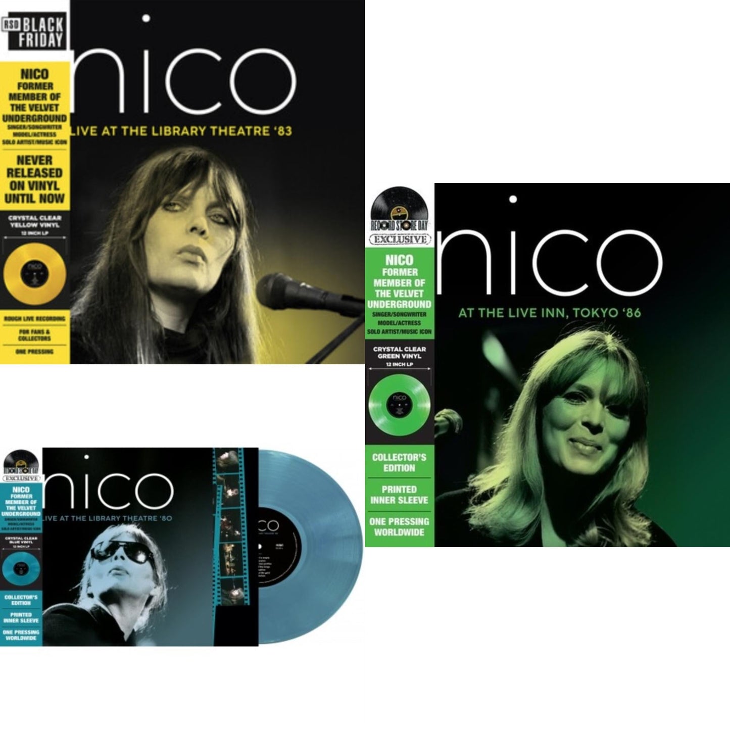 Nico - Librairy Theatre '83 (Crystal Clear Yellow Tint LP Vinyl) & Live At The Library Theatre '80 (Deluxe/Crystal Clear Light Blue LP Vinyl) & At The Live Inn, Tokyo '86 (Deluxe/Crystal Clear Green LP Vinyl)