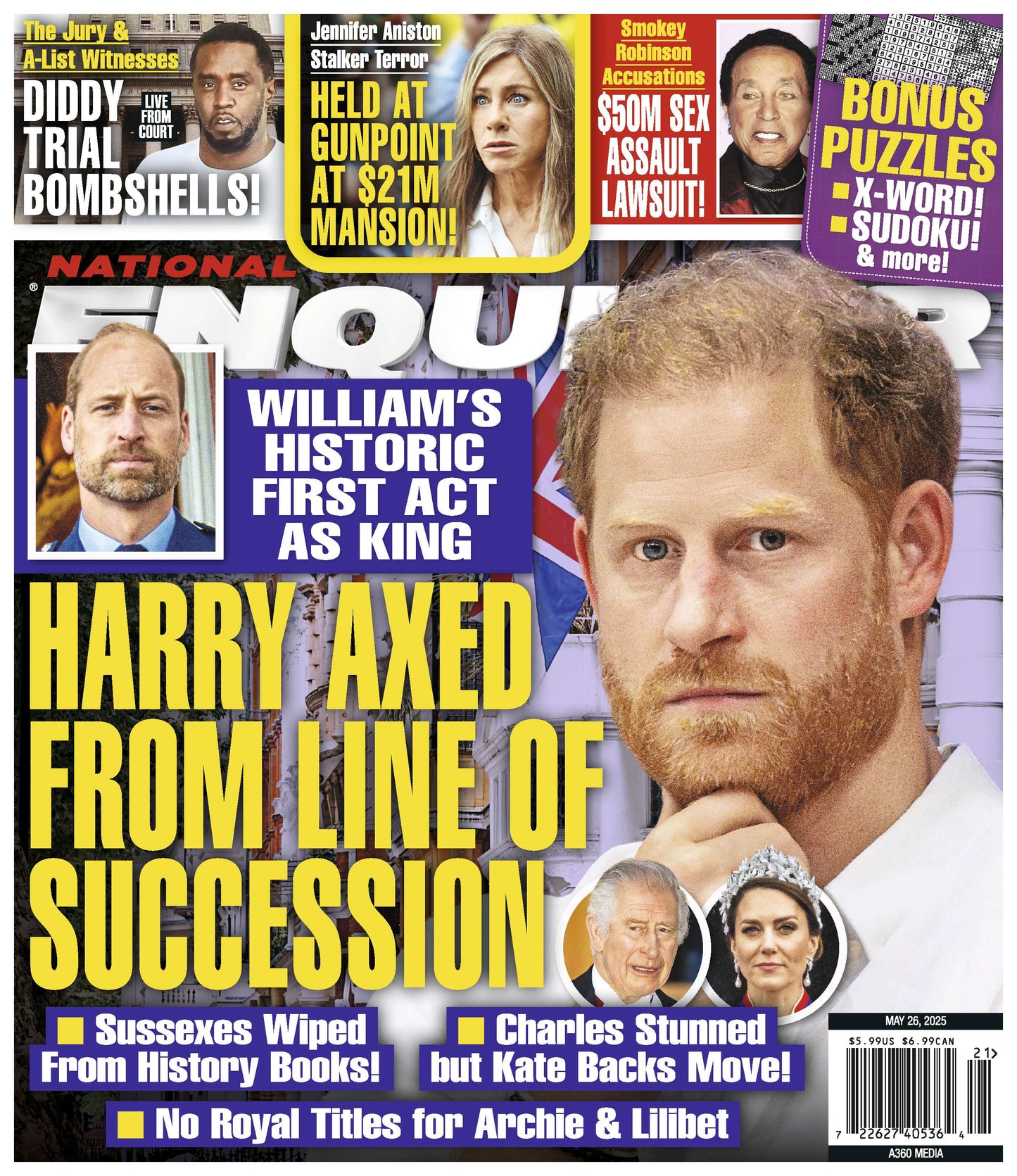 National Enquirer - 05.26.25: Prince Harry Removed From Royal Line, King William’s First Act As King, Diddy Trial Shocker, Jennifer Aniston Held At Gunpoint At Home, Smokey Robinson Scandal & More!
