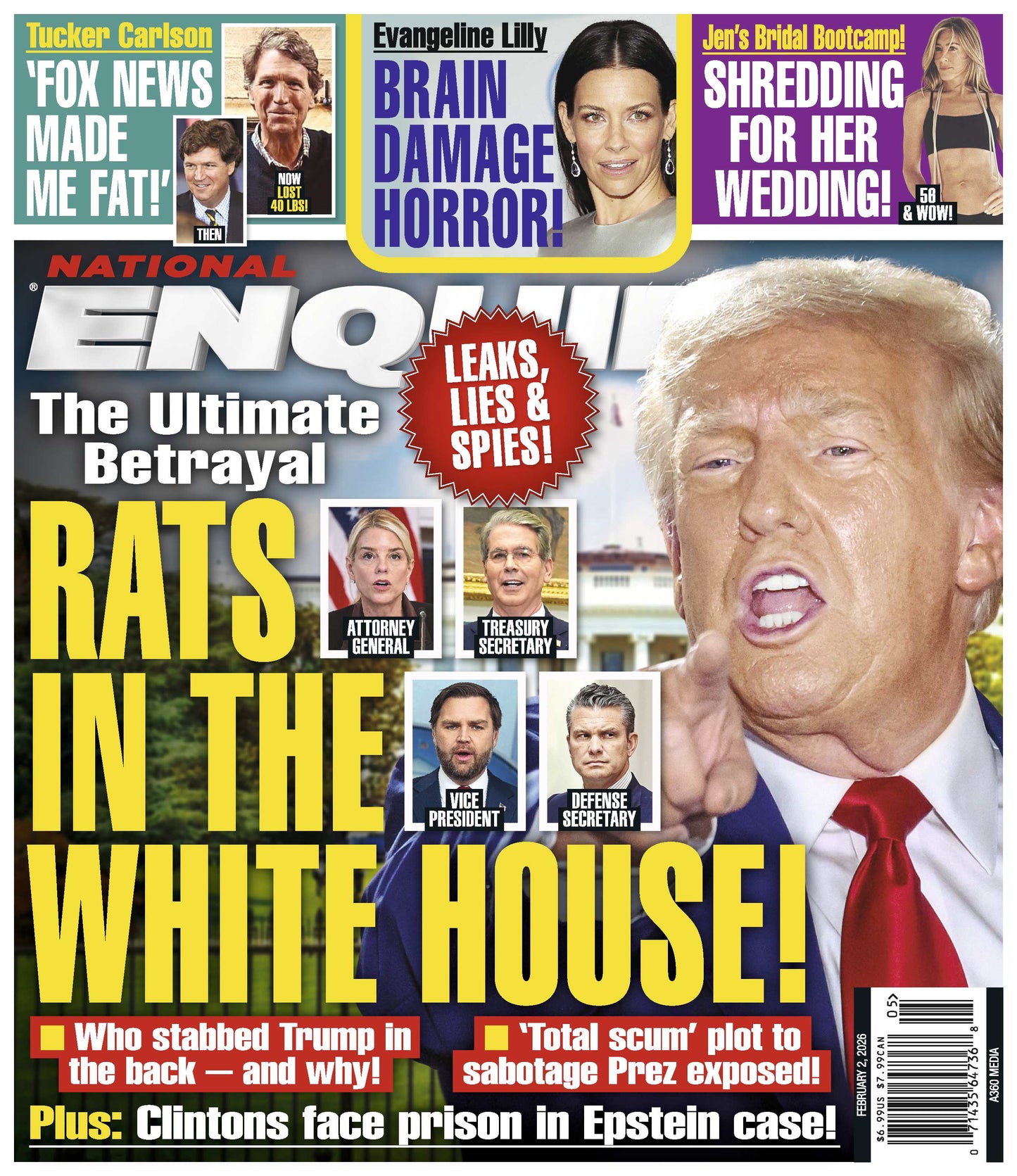National Enquirer - 02.02.26: White House Rats Scandal, Tucker Carlson’s Explosive Commentary On Fox News, Evangeline Lilly's Brain Damage Horror, Jennifer Aniston's Wedding Preparations & More!