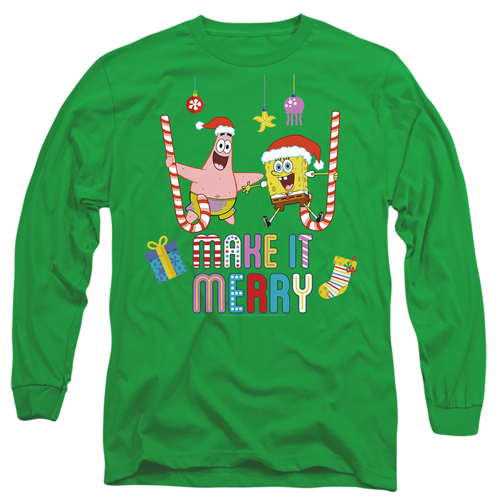 Spongebob Christmas, Make It Merry With Patrick Mens Long Sleeve Shirt Kelly Green Officially Licensed