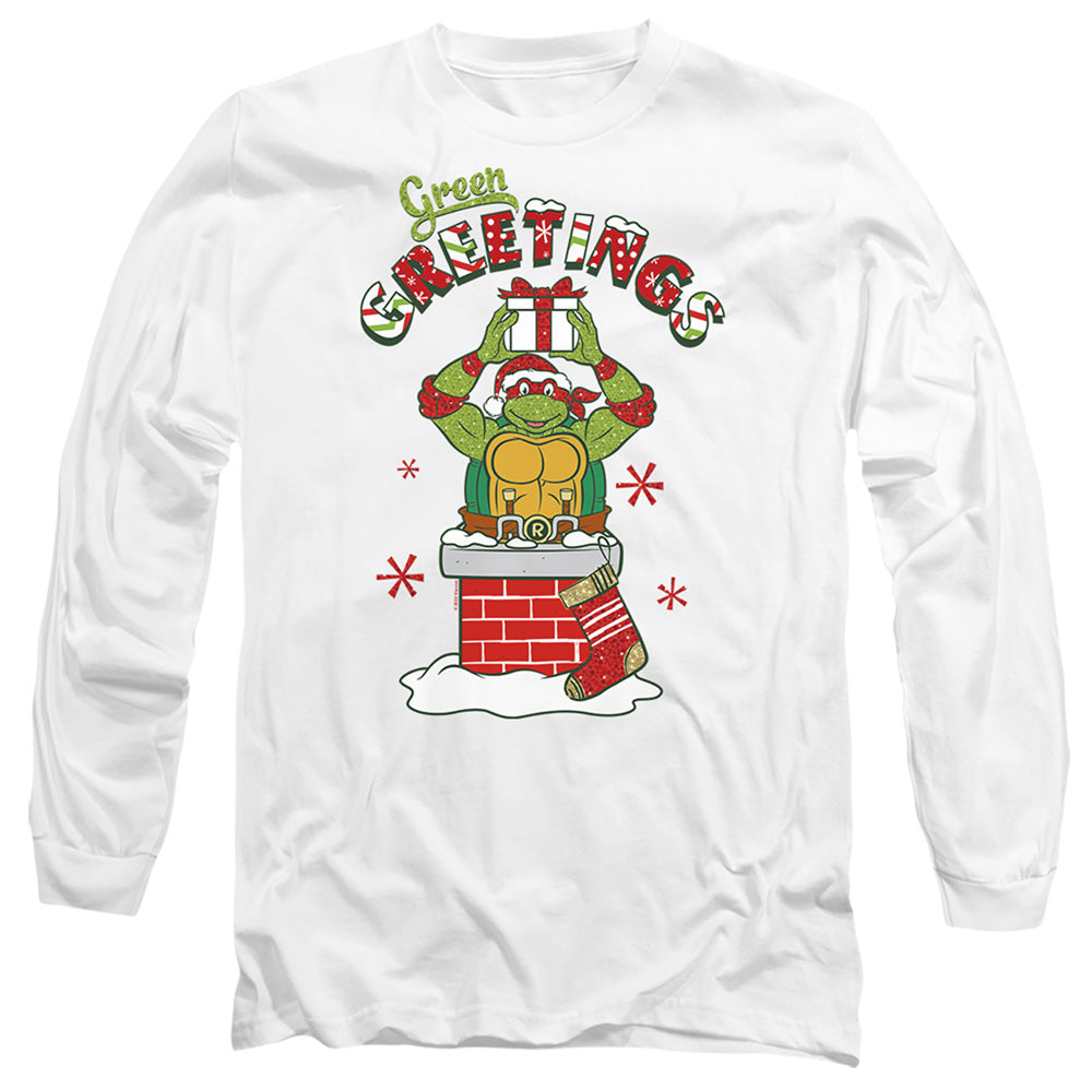Teenage Mutant Ninja Turtles Green Greetings Christmas Scene Mens Long Sleeve Shirt White Officially Licensed