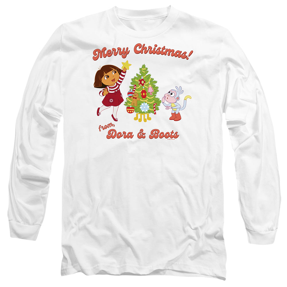 Dora The Explorer Happy Holidays From Dora And Boots Mens Long Sleeve Shirt White Officially Licensed