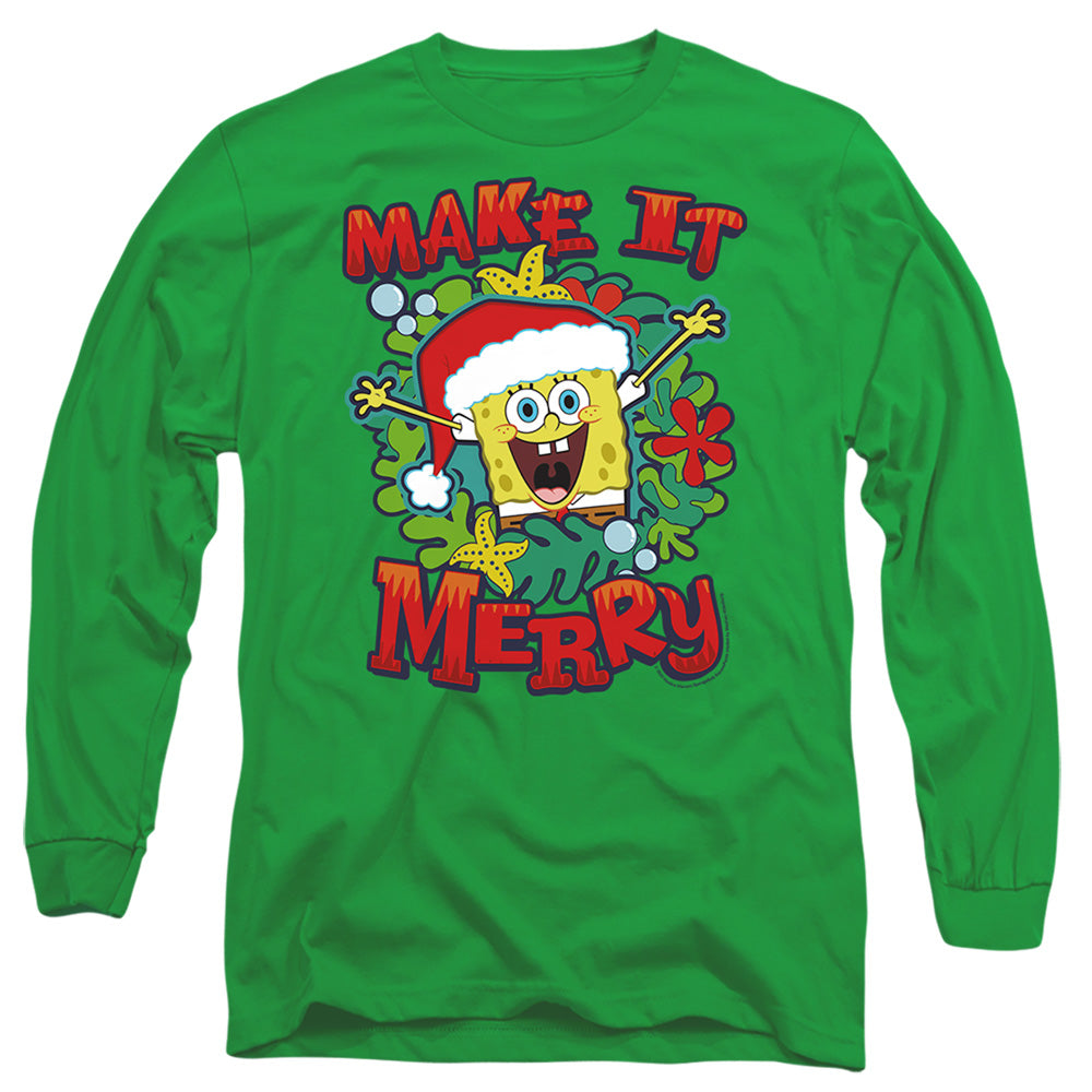 Spongebob Make It Merry Christmas Mens Long Sleeve Shirt Kelly Green Officially Licensed