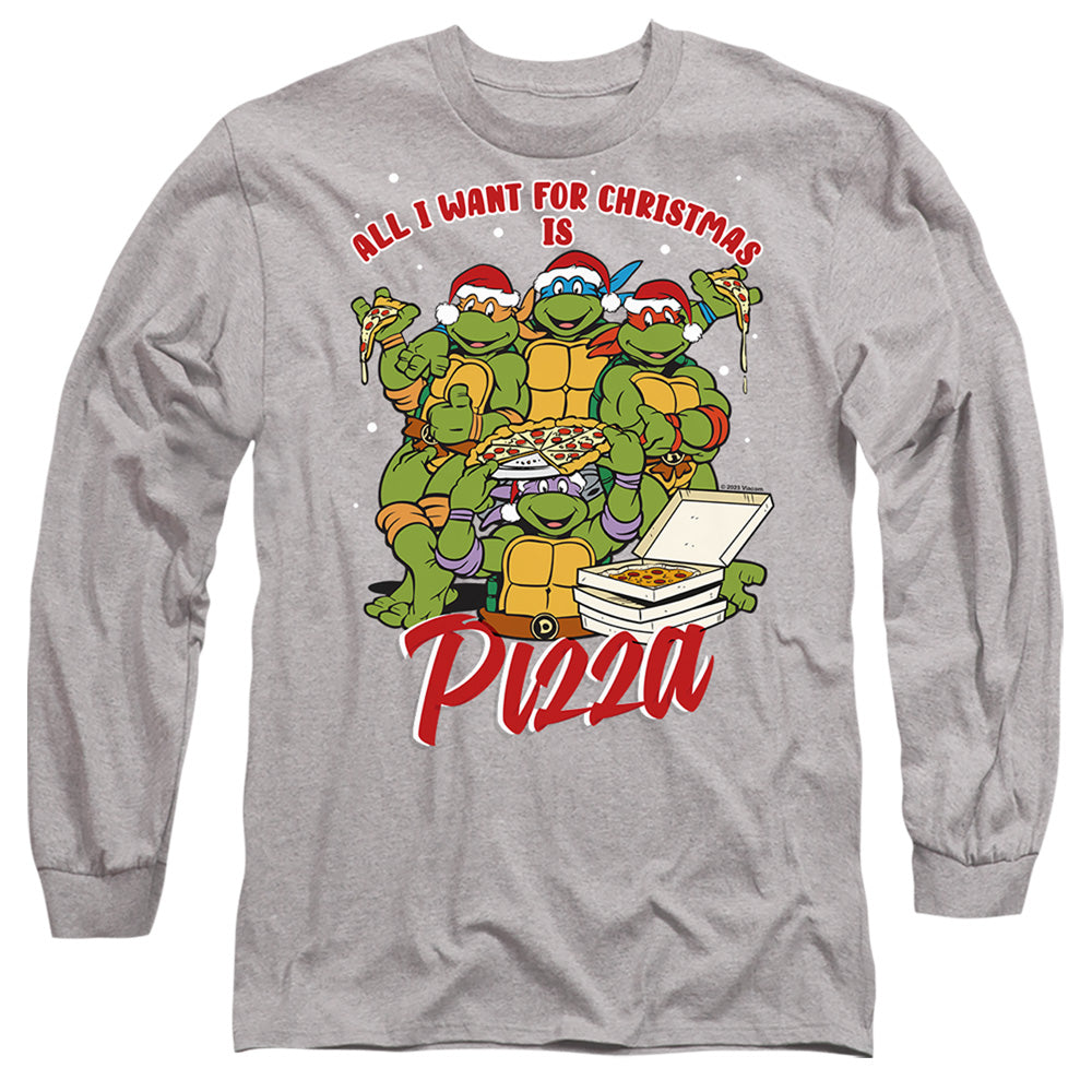 Teenage Mutant Ninja Turtles Christmas Pizza Mens Long Sleeve Shirt Athletic Heather Officially Licensed