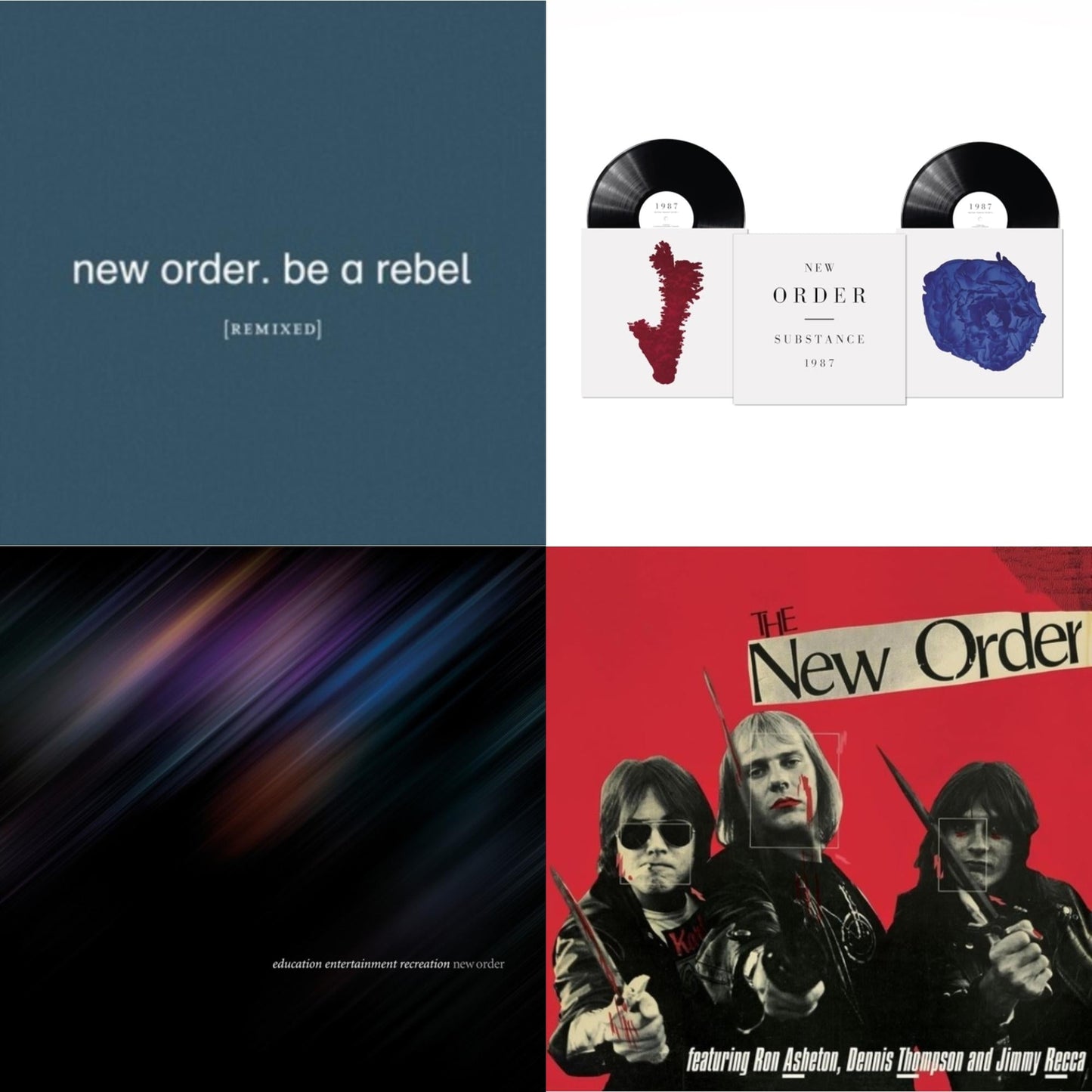 New Order - Be A Rebel Remixed (Limited Edition/Clear LP Vinyl) & Substance (2023 Reissue) (2LP) & Education Entertainment Recreation (Live) & New Order (Marble LP Vinyl)