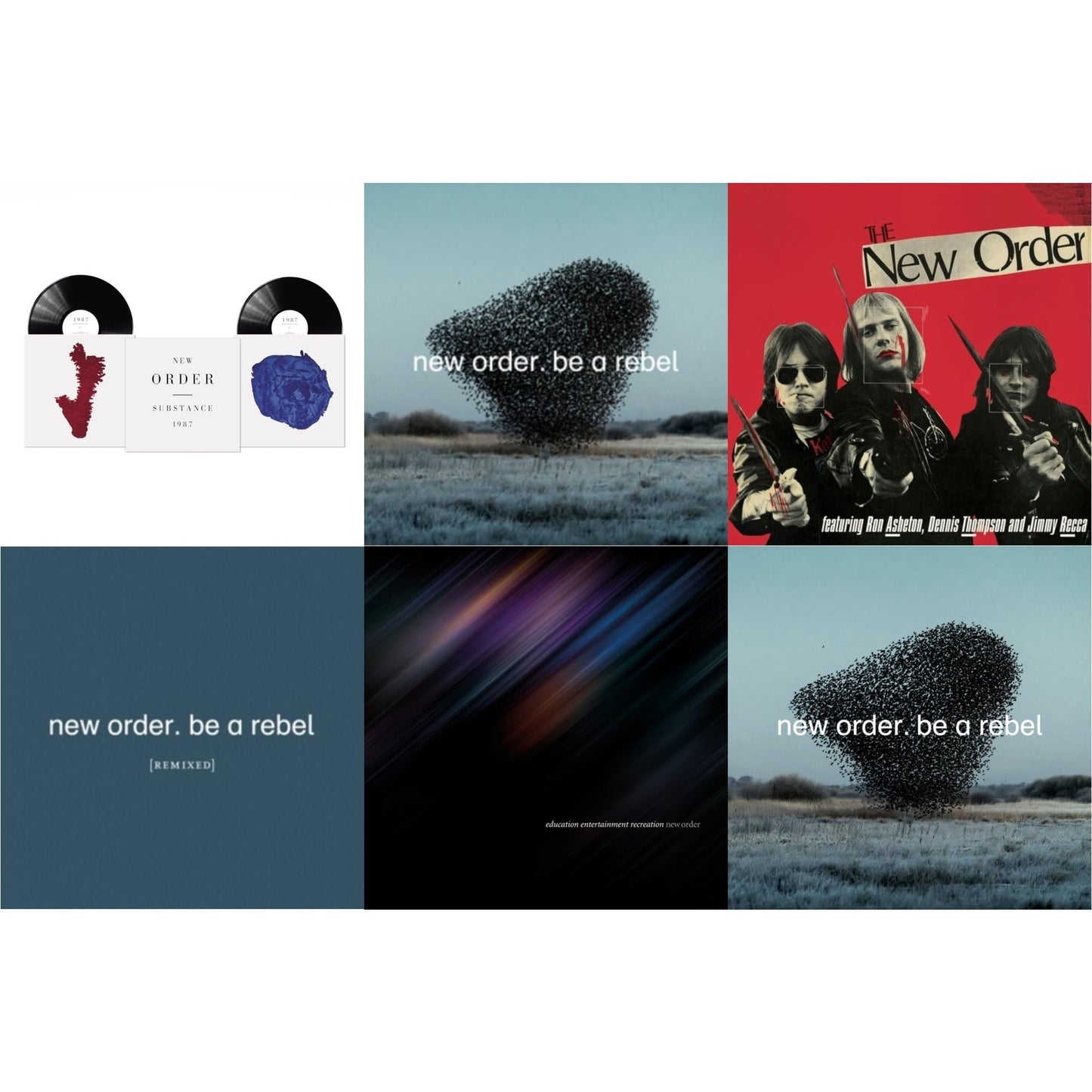 New Order - Education Entertainment Recreation (Live) & Substance (2023 Reissue) (2LP) & Be A Rebel Ep & Be A Rebel Remixed (Limited Edition/Clear LP Vinyl) & Be A Rebel & New Order (Marble LP Vinyl)