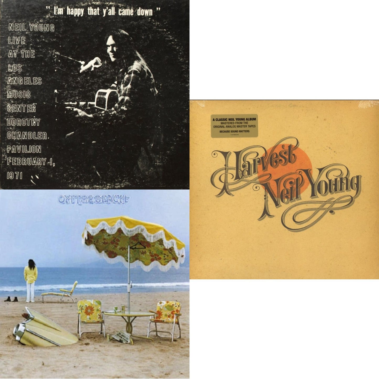 Neil Young - Dorothy Chandler Pavilion 1971 & On The Beach & Harvest - LP Vinyl Bundle
