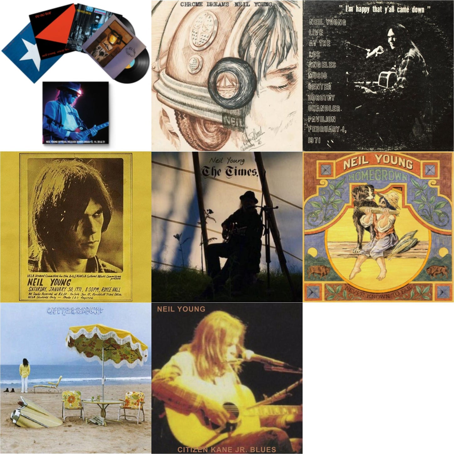 Neil Young - Chrome Dreams (2LP) & Royce Hall 1971 & Citizen Kane Jr. Blues 1974 (Live At The Bottom Line) & Dorothy Chandler Pavilion 1971 & Times & Official Release Series Discs 13, 14, 20 & 21 & Homegrown & On The Beach