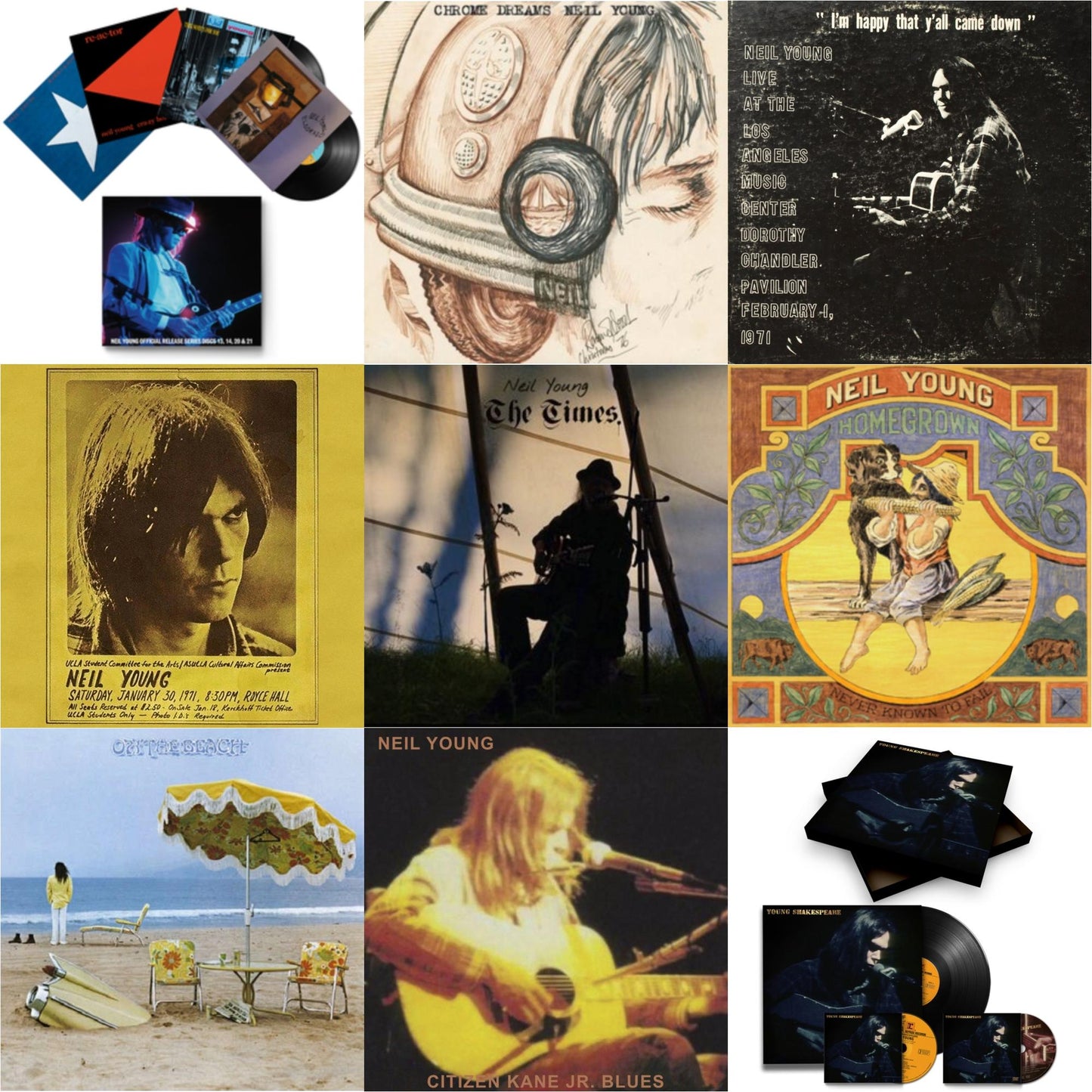 Neil Young - Chrome Dreams (2LP) & Royce Hall 1971 & Citizen Kane Jr. Blues 1974 (Live At The Bottom Line) & Dorothy Chandler Pavilion 1971 & Times & Young Shakespeare (Deluxe) & Official Release Series Discs 13, 14, 20 & 21 & Homegrown & On The