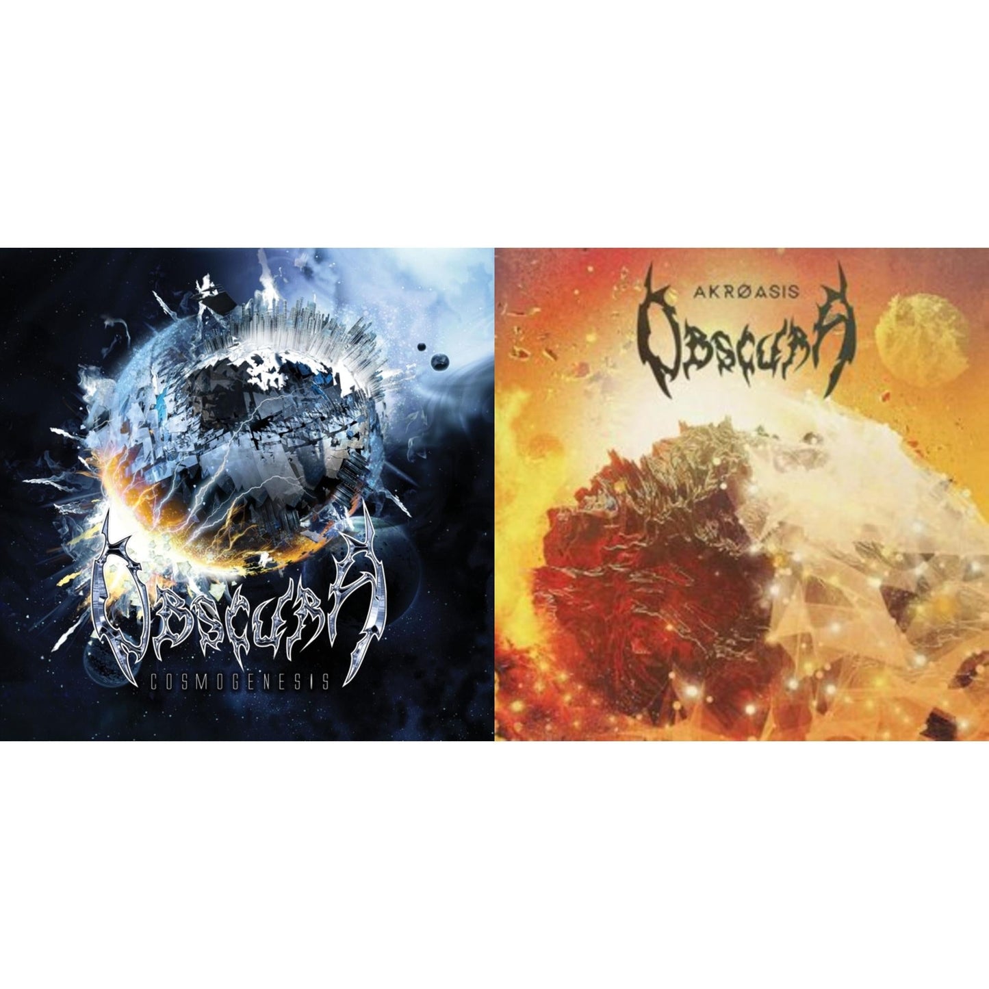 Obscura - Cosmogenesis (Orange, Silver & Royal Blue Merge W/ Orange Krush, Silver & Royal Blue Splatter LP Vinyl) & Akroasis (Red, Mustard Yellow & Bone White W/ Blood Red, Neon Yellow & Bone White Splatter LP Vinyl)