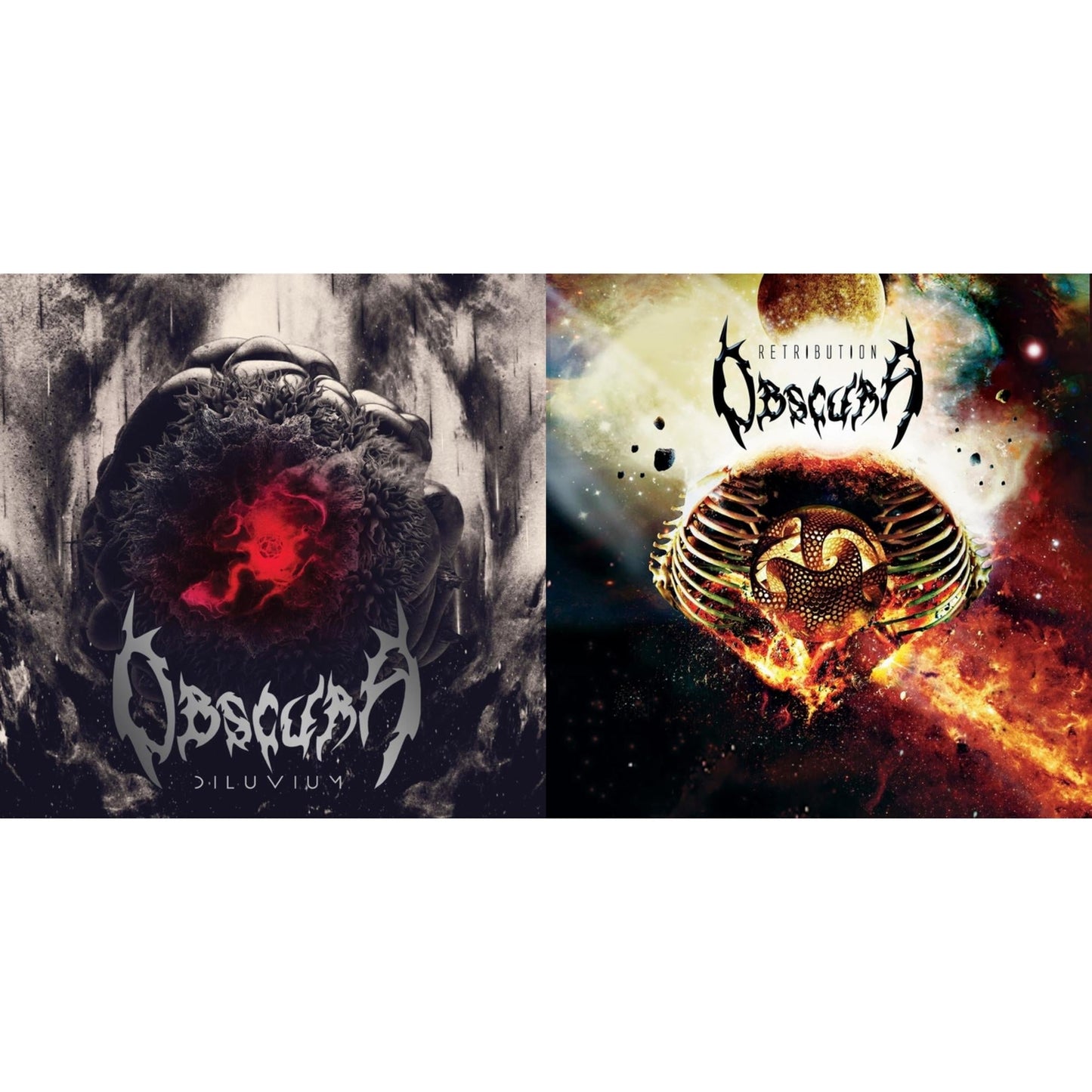 Obscura - Retribution (Bone White, Red & Olive Green Merge W/ Bone White, Red & Olive Green Splatter LP Vinyl) & Diluvium (Red, Silver & Grimace Purple Merge W/ Blood Red, Silver & Deep Purple Splatter LP Vinyl)