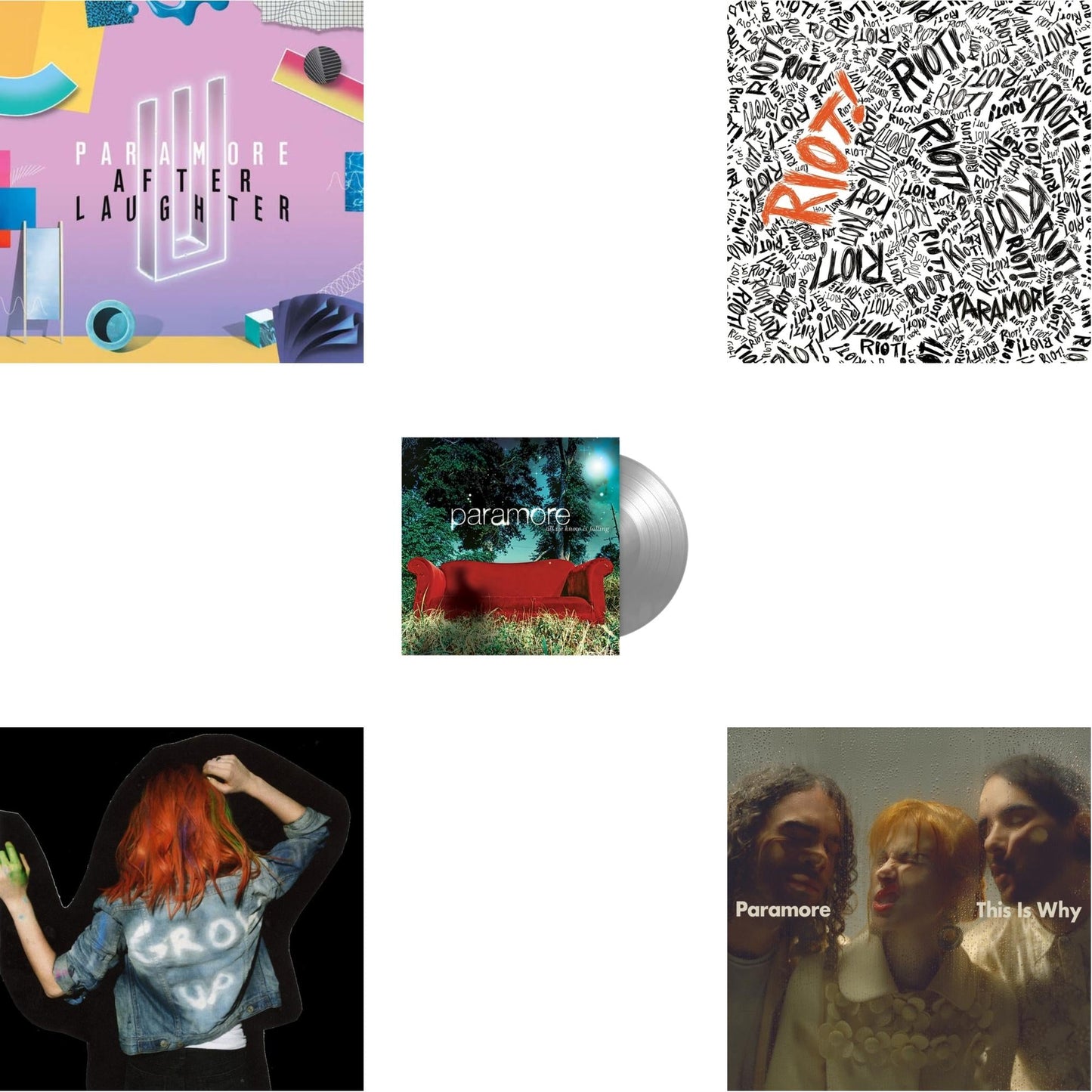 Paramore - Paramore (2LP) & This Is Why & All We Know Is Falling (Silver LP Vinyl) & Riot! (Fbr 25Th Anniversary Edtion/Silver LP Vinyl) & After Laughter (Black & White Marble LP Vinyl/Dl Card) (I)