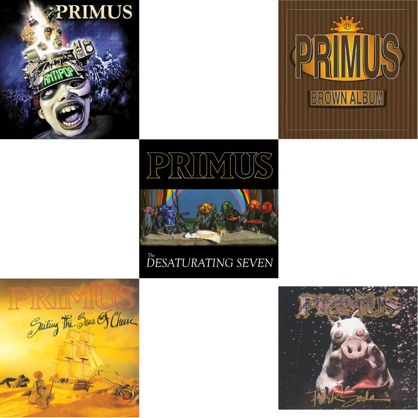 Primus - Sailing Seas Of Cheese & Pork Soda (2LP) & Brown Album (2LP) & Antipop (2 LP) & Desaturating Seven (7Th Anniversary) (Midnight Rainbow Splatter LP Vinyl)