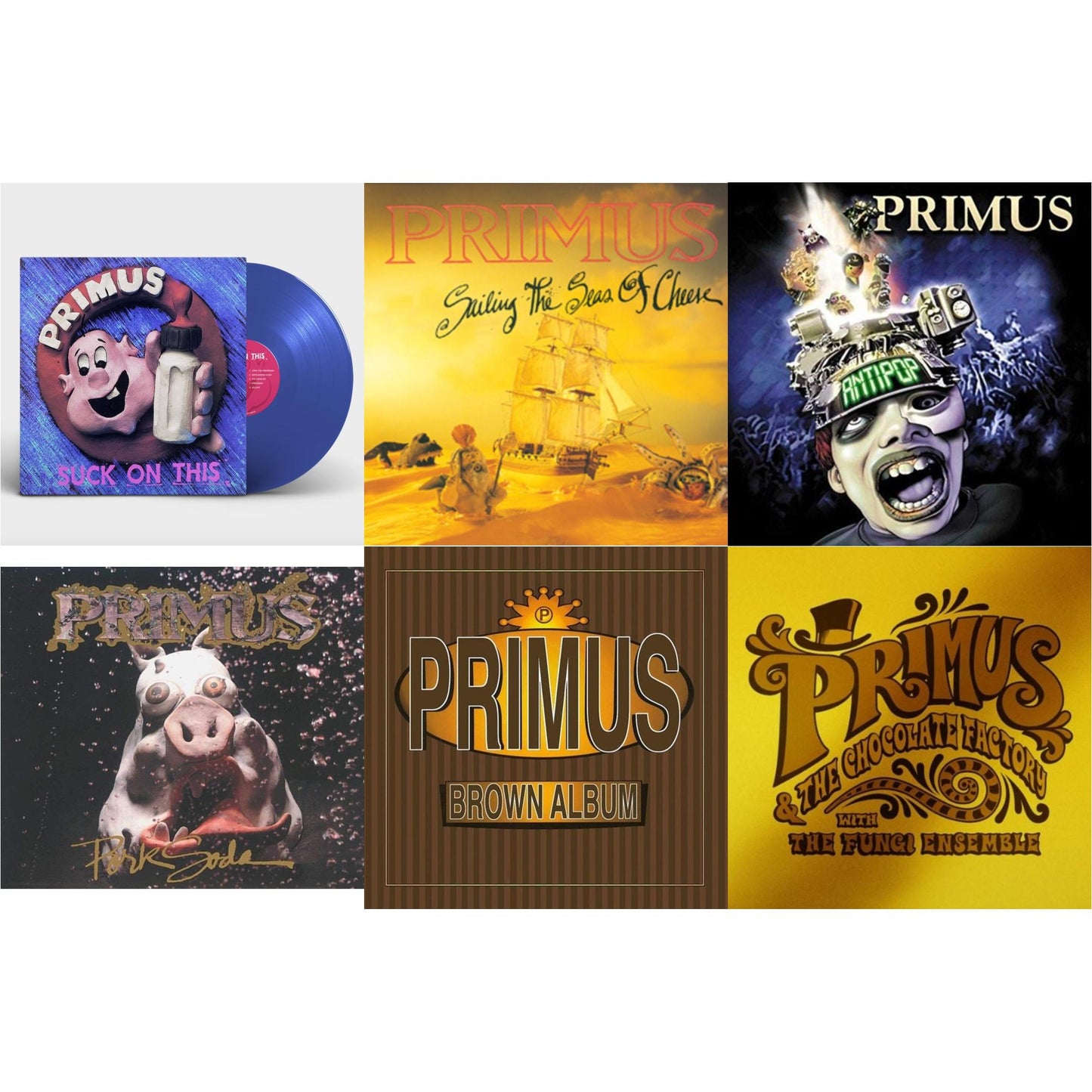 Primus - Suck On This (Cobalt Blue LP Vinyl/Remastered/Reissue) & Sailing Seas Of Cheese & Pork Soda (2LP) & Brown Album (2LP) & Antipop (2 LP) & Primus & The Chocolate Factory With The Fungi Ensemble (Gold LP Vinyl)