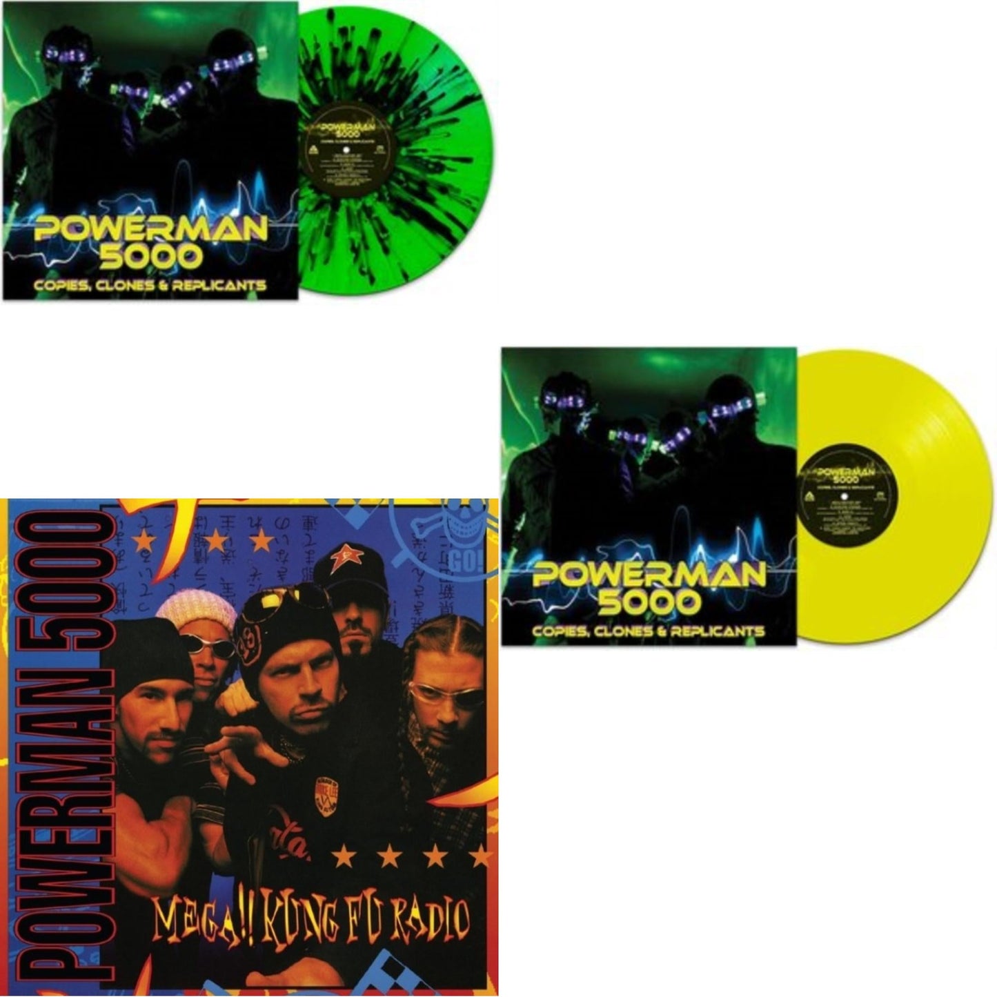 Powerman 5000 - Mega!! Kung Fu Radio (Blue With Black Swirl LP Vinyl) & Copies, Clones & Replicants (Green/Black Splatter LP Vinyl) & Copies, Clones & Replicants (Yellow LP Vinyl)