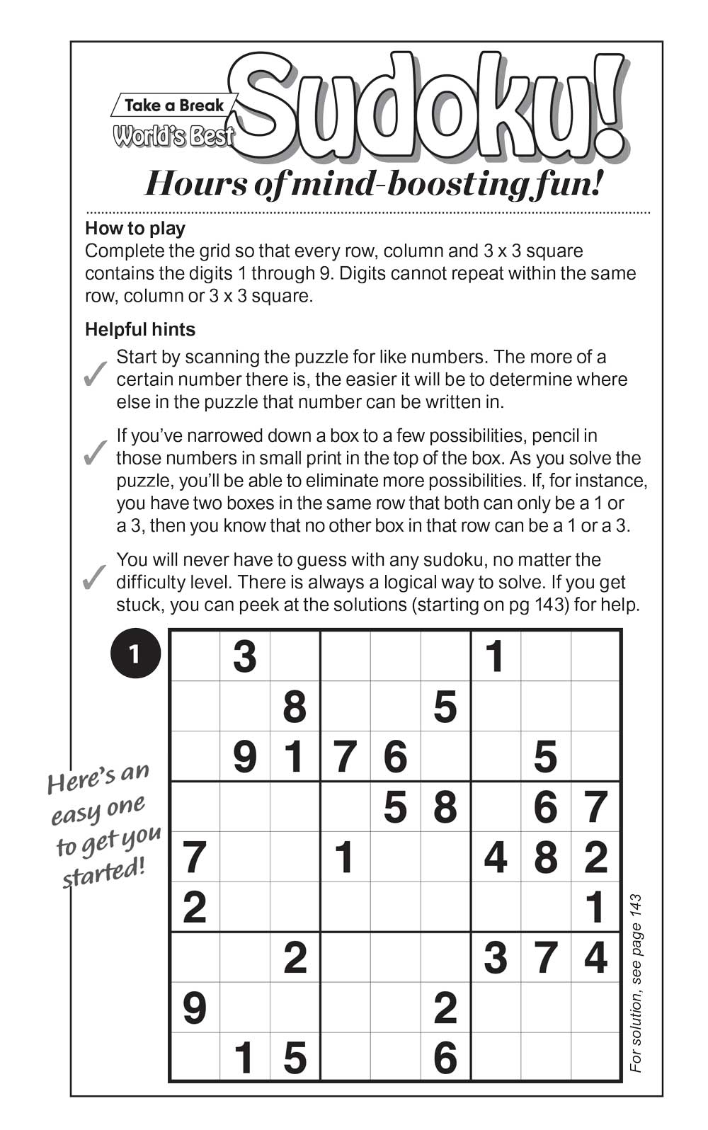 Take a Break - Sudoku 242401 Large Print: 277 Puzzles, 5 Levels Of Difficulty, Brain Challenges, Helpful Hints, Relax, Unwind, Unplug, De-Stress, Mind-Boosting Fun, Easy To Read, Solutions & Solve!