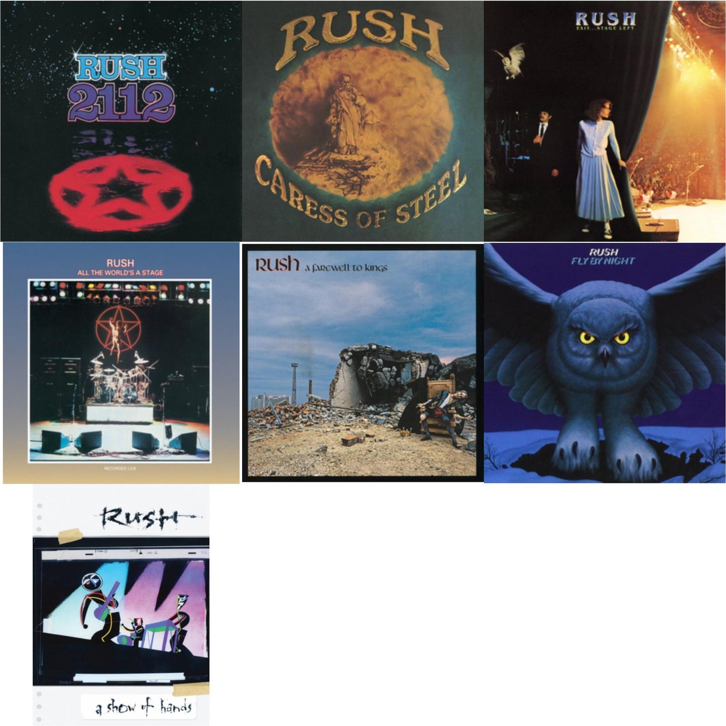 Rush - Fly By Night (180G) & Caress Of Steel (180G/Dl Card) & All The World's A Stage (180G) & 2112 (180G) & Farewell To Kings (180G) & Exit Stage Left (180G) & Show Of Hands (180G) - LP Vinyl Bundle