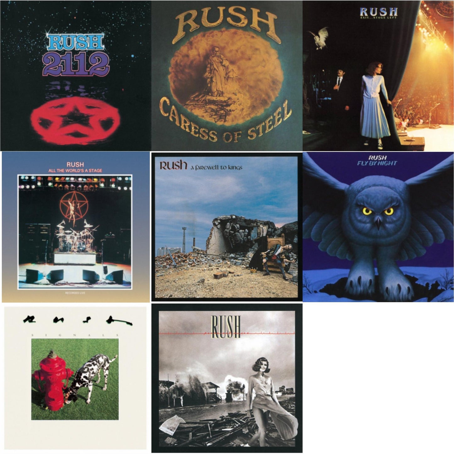 Rush - Fly By Night (180G) & Caress Of Steel (180G/Dl Card) & All The World's A Stage (180G) & 2112 (180G) & Farewell To Kings (180G) & Permanent Waves (180G) & Exit Stage Left (180G) & Signals (180G) - LP Vinyl Bundle