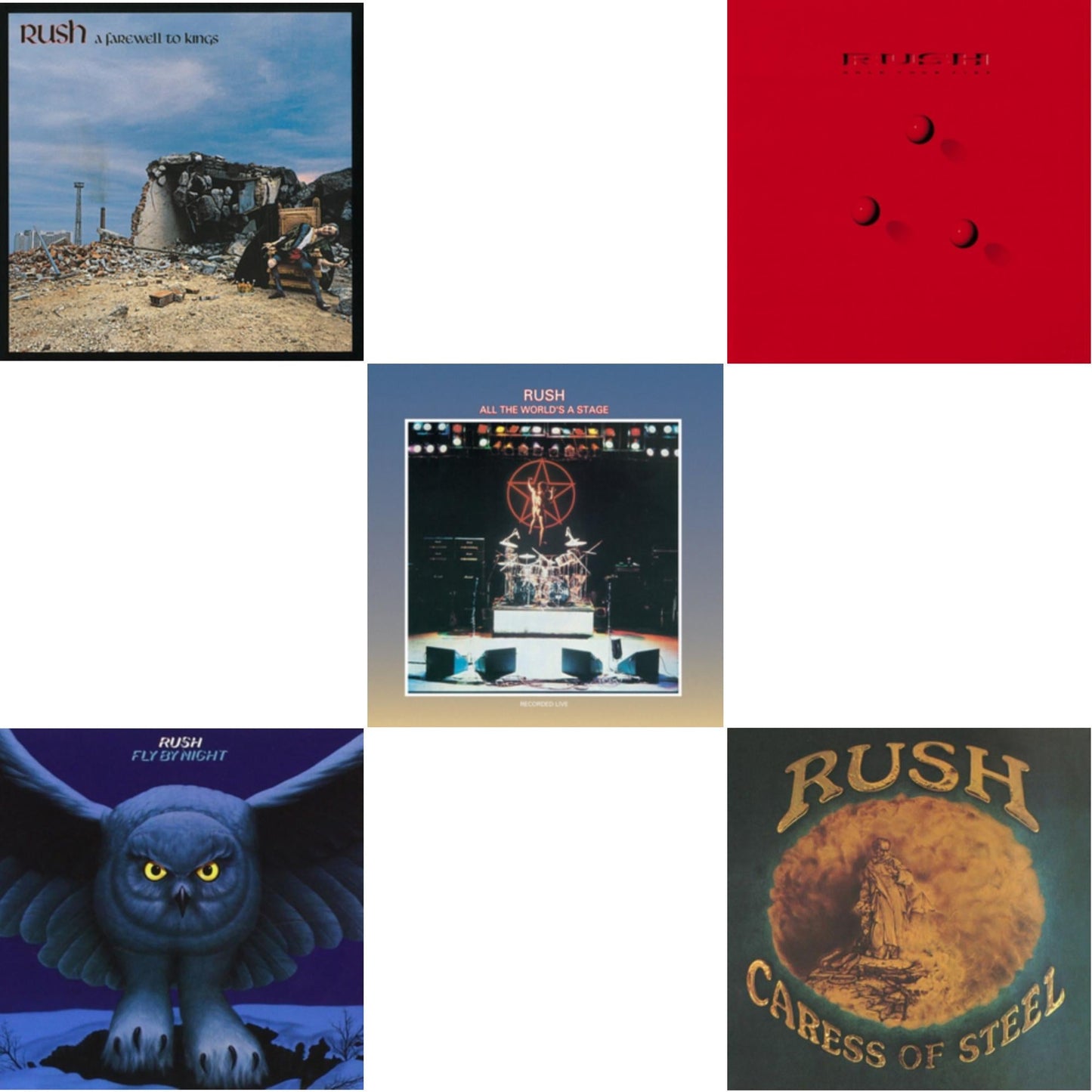 Rush - Fly By Night (180G) & Caress Of Steel (180G/Dl Card) & All The World's A Stage (180G) & Farewell To Kings (180G) & Hold Your Fire (180G) - LP Vinyl Bundle