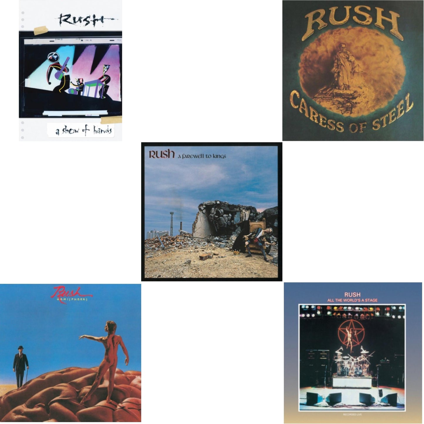 Rush - Caress Of Steel (180G/Dl Card) & All The World's A Stage (180G) & Farewell To Kings (180G) & Hemispheres (180G) & Show Of Hands (180G) - LP Vinyl Bundle