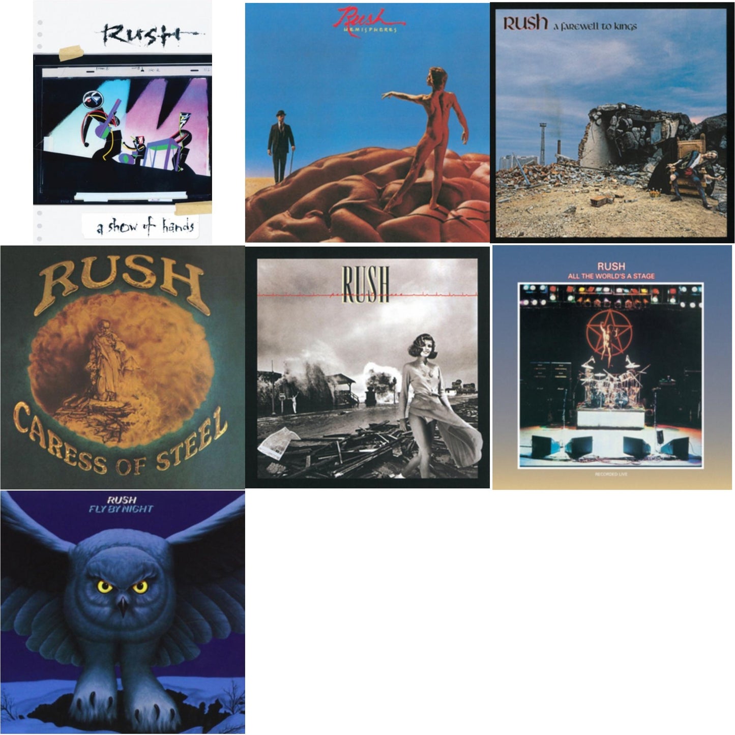 Rush - Fly By Night (180G) & Caress Of Steel (180G/Dl Card) & All The World's A Stage (180G) & Farewell To Kings (180G) & Hemispheres (180G) & Permanent Waves (180G) & Show Of Hands (180G) - LP Vinyl Bundle