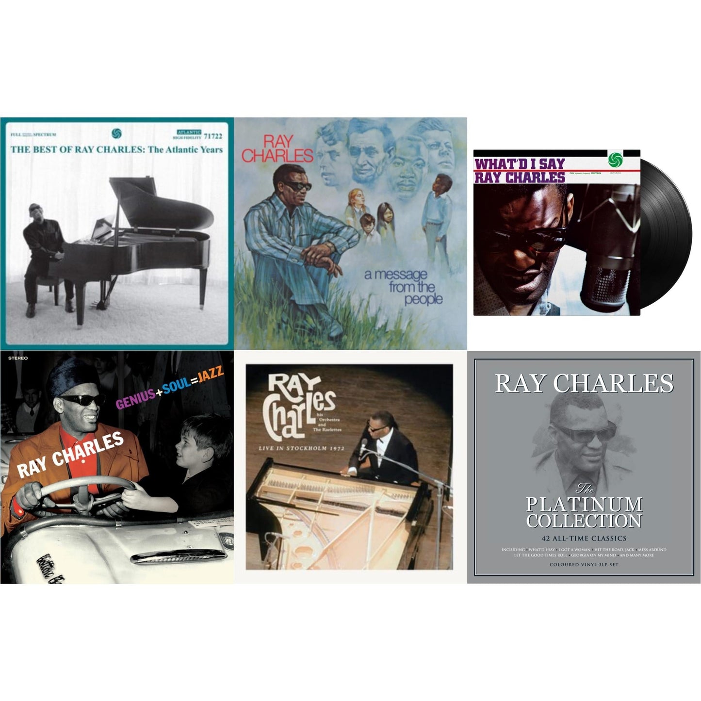 Ray Charles - Platinum Collection (White LP Vinyl) & Best Of Ray Charles: The Atlantic Years (2LP/White Vinyl) & Live In Stockholm 1972 (140G) & Message From The People (140G) & Genius + Soul = Jazz (Orange LP Vinyl) & What'd I Say (180G)