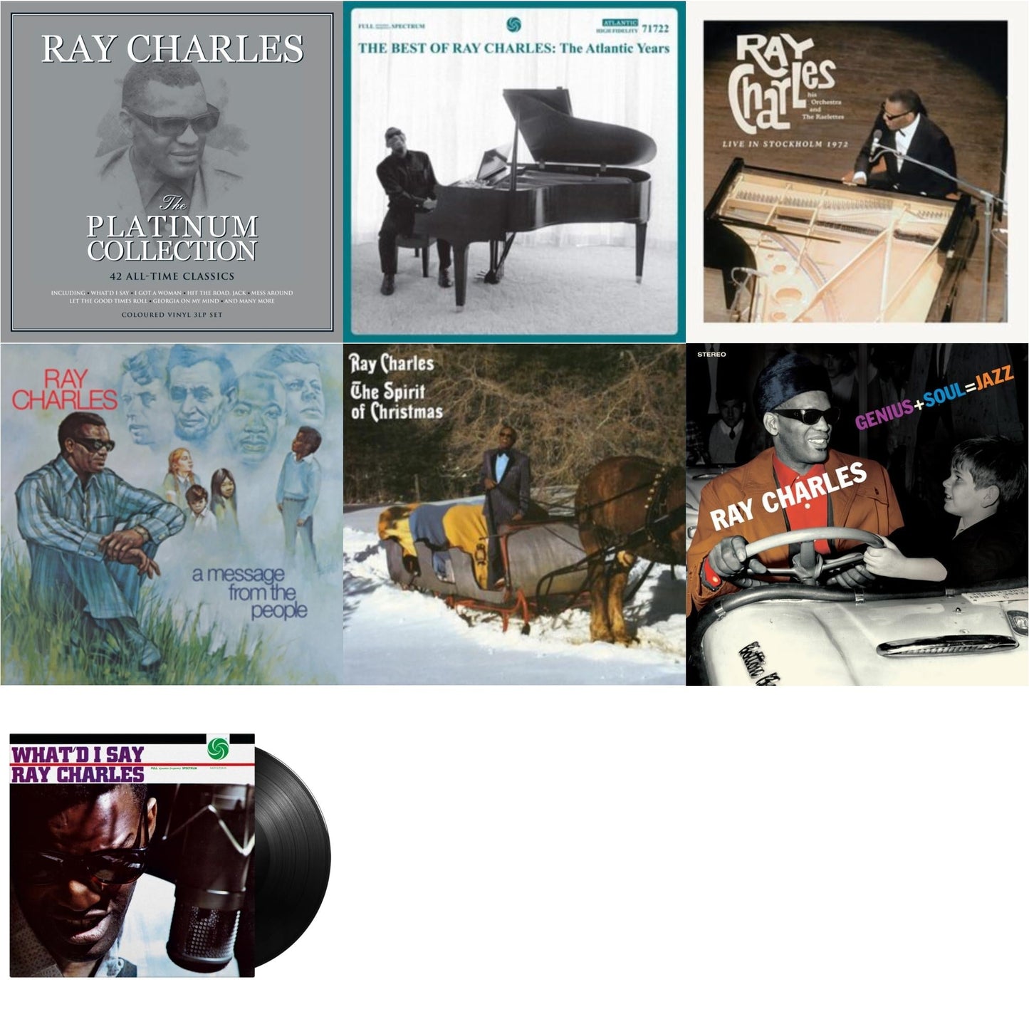 Ray Charles - Platinum Collection (White LP Vinyl) & Best Of Ray Charles: The Atlantic Years (2LP/White Vinyl) & Live In Stockholm 1972 (140G) & Message From The People (140G) & Spirit Of Christmas & Genius + Soul = Jazz (Orange LP Vinyl) & What'd I