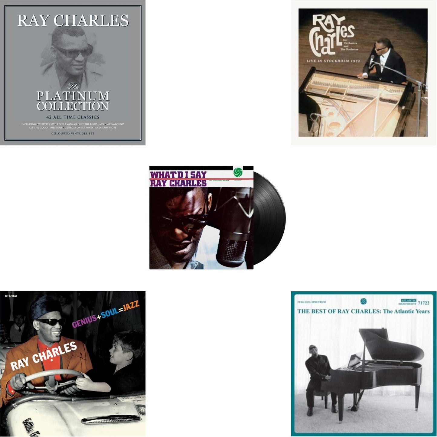 Ray Charles - Platinum Collection (White LP Vinyl) & Best Of Ray Charles: The Atlantic Years (2LP/White Vinyl) & Live In Stockholm 1972 (140G) & Genius + Soul = Jazz (Orange LP Vinyl) & What'd I Say (180G)