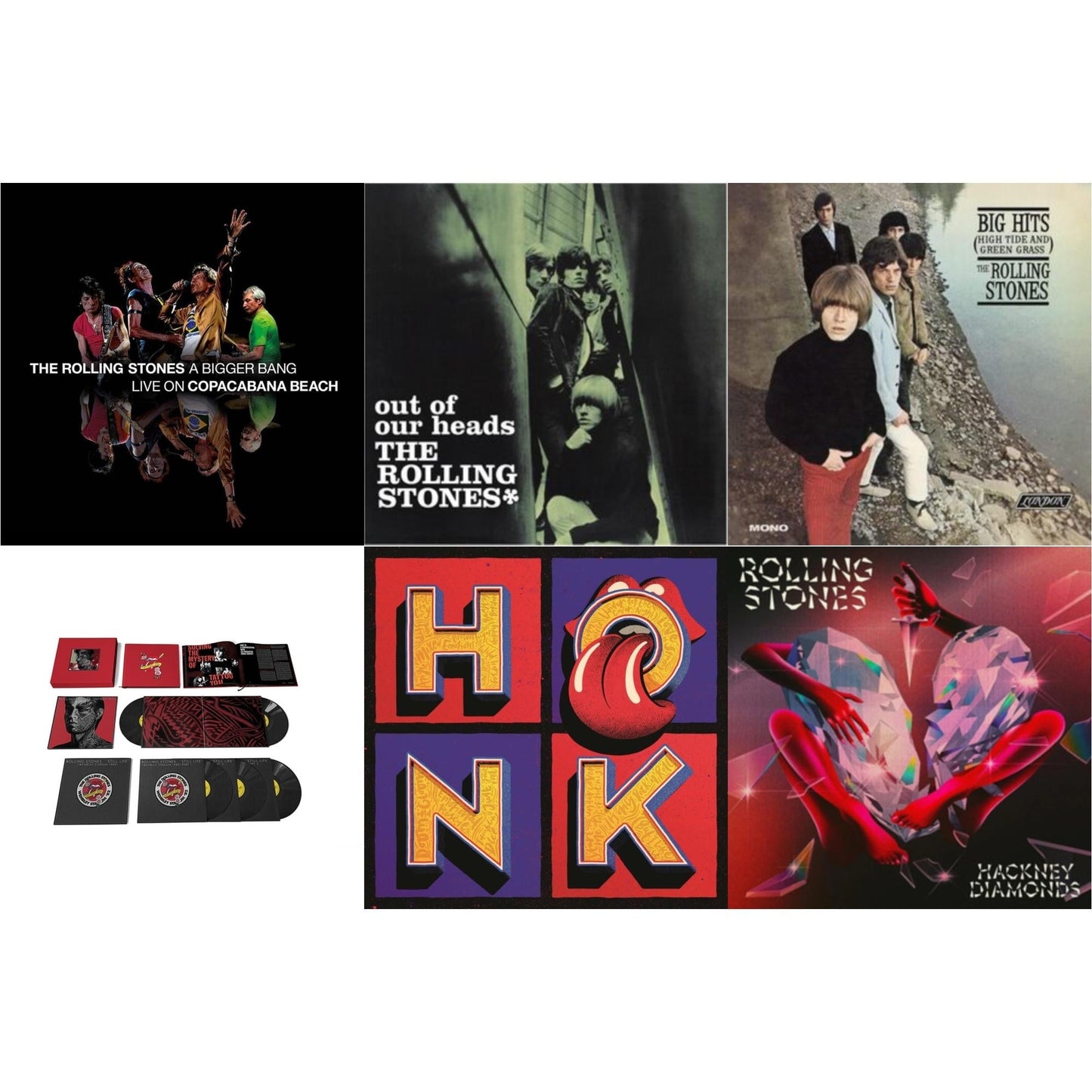 Rolling Stones - Out Of Our Heads (Uk) & Big Hits (High Tide Green Grass LP Vinyl) & Bigger Bang Live On Copacabana Beach (Multi Color Vinyl/3LP) & Tattoo You (2021 Remaster/5LP Box Set) & Hackney Diamonds & Honk (Translucent Red Vinyl/2LP)