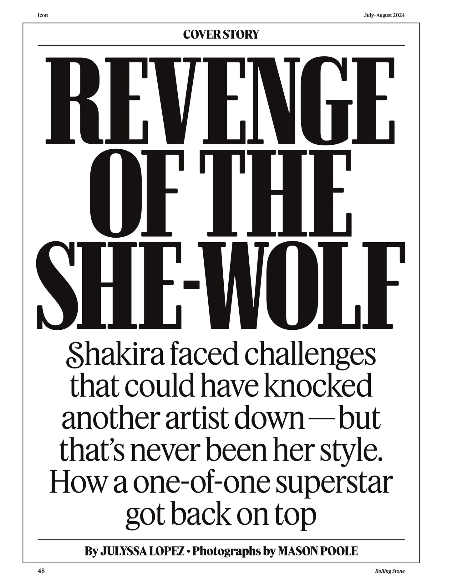 Rolling Stone - July & August 2024: Revenge of The She-Wolf Shakira, The Diddy Investigation, All Eyes On The WNBA, Interview With Kamala Harris, Summer Of Sabrina Carpenter, Keith Lee, Normani & More
