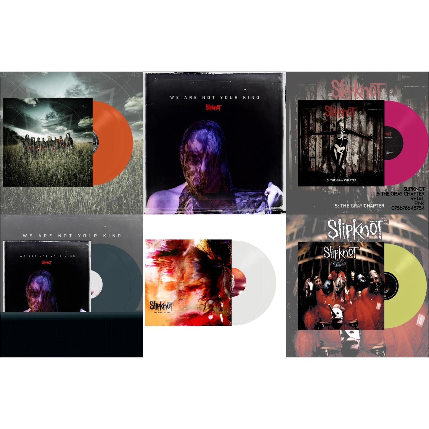 Slipknot - All Hope Is Gone (Orange Vinyl/2LP) & We Are Not Your Kind (Dl Card) & .5: The Gray Chapter (X) (Pink Vinyl/2LP) & We Are Not Your Kind (2LP/Light Blue Vinyl) & End, So Far (Clear Vinyl/2LP) & Slipknot (Lemon LP Vinyl)