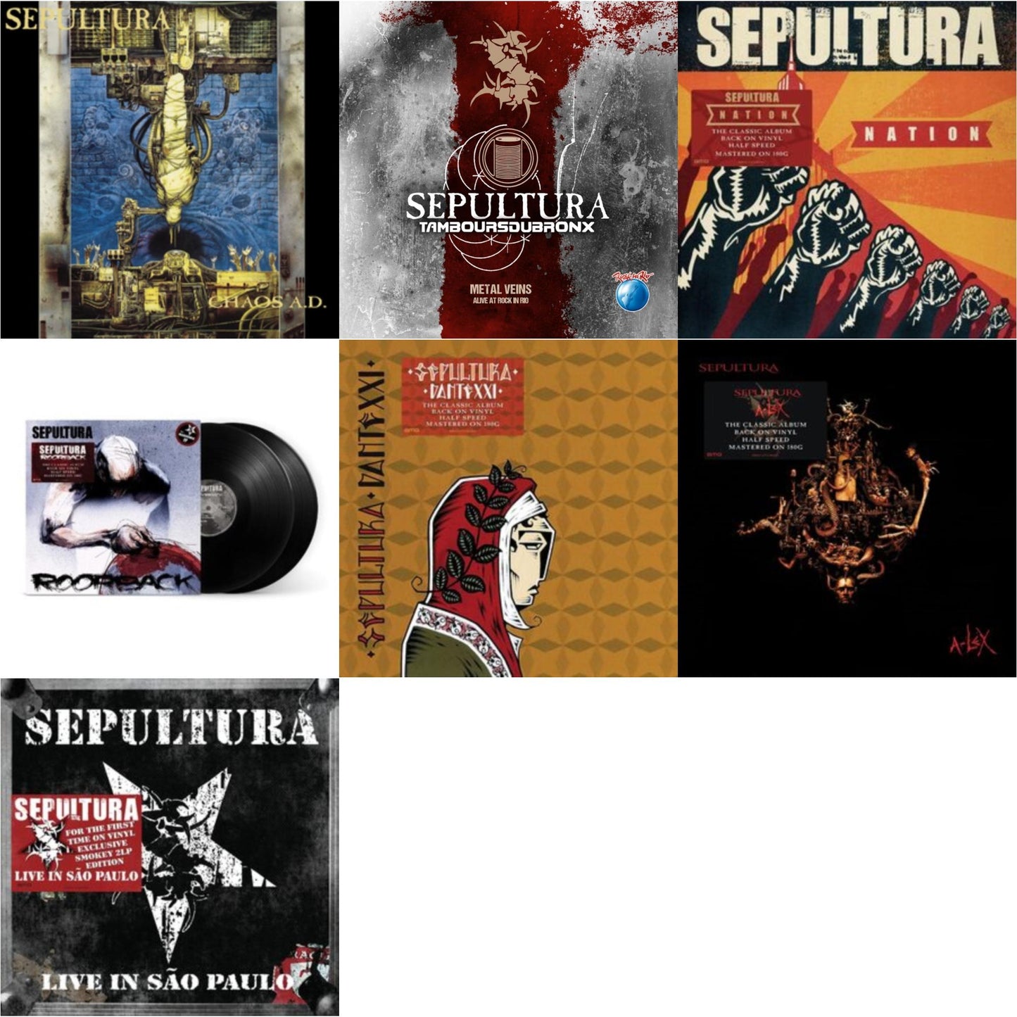 Sepultura - Chaos A.D. (Expanded Edition/2LP) & Metal Veins - Alive At Rock In Rio (Limited/2LP) & Nation (2LP) & Roorback & Dante Xxi & A-Lex (2LP) & Live In Sao Paulo (2LP)