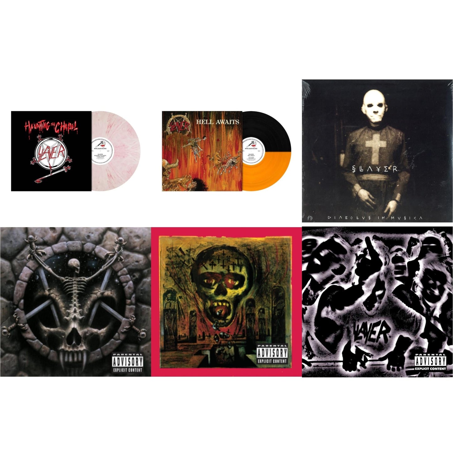 Slayer - Haunting The Chapel (Red & White Marbled LP Vinyl) & Hell Awaits (Transparent Orange & Black Split LP Vinyl) & Diabolus In Musica & Divine Intervention & Seasons In Abyss & Undisputed Attitude
