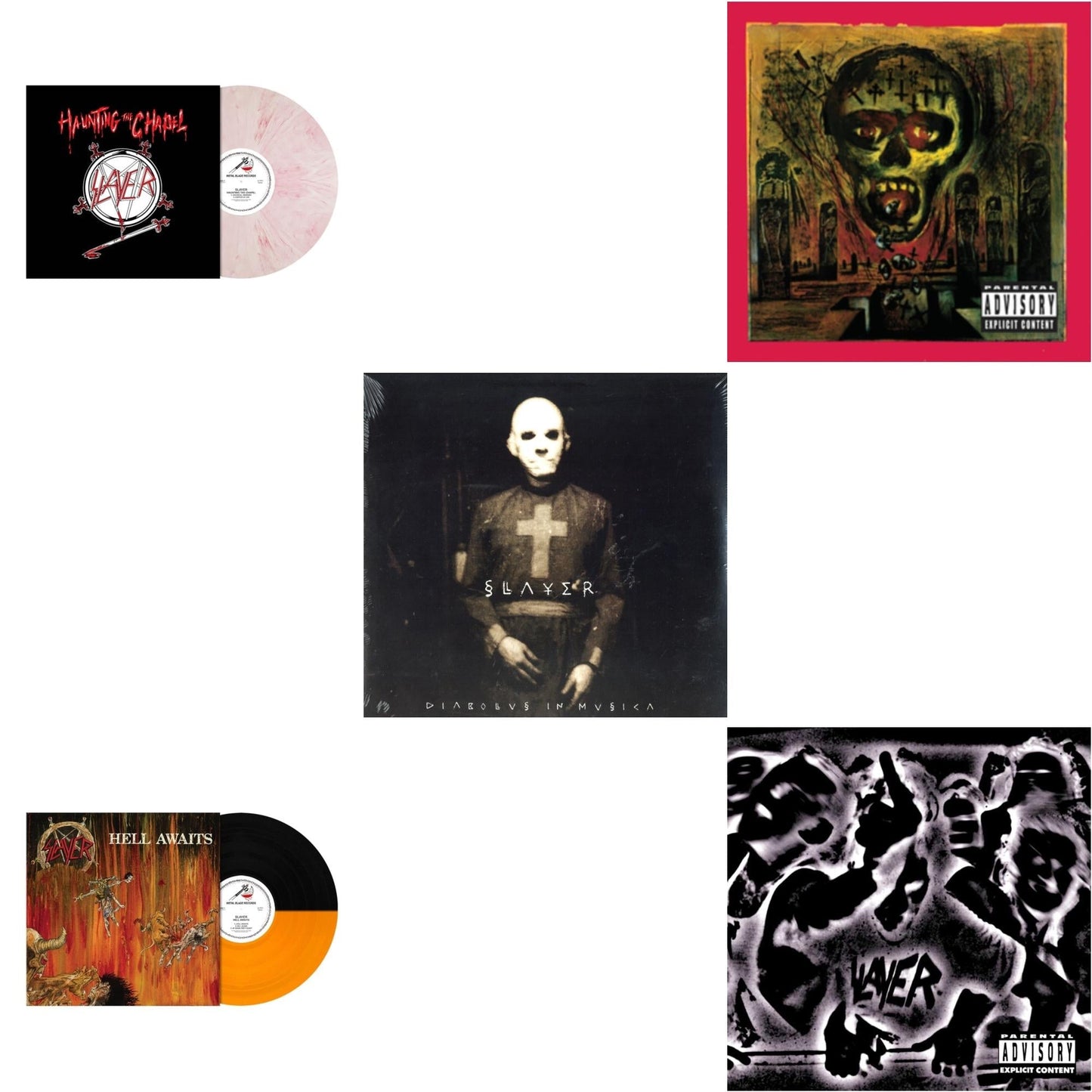 Slayer - Haunting The Chapel (Red & White Marbled LP Vinyl) & Hell Awaits (Transparent Orange & Black Split LP Vinyl) & Diabolus In Musica & Seasons In Abyss & Undisputed Attitude