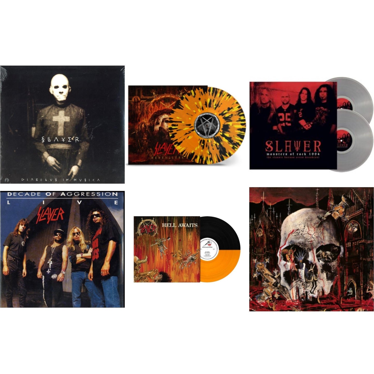 Slayer - Hell Awaits (Transparent Orange & Black Split LP Vinyl) & Diabolus In Musica & Live: Decade Of Aggression & South Of Heaven & Repentless (Trans Orange Yellow Black Splatter LP Vinyl) & Monsters Of Rock 1994 (2LP/140G/Clear Vinyl)