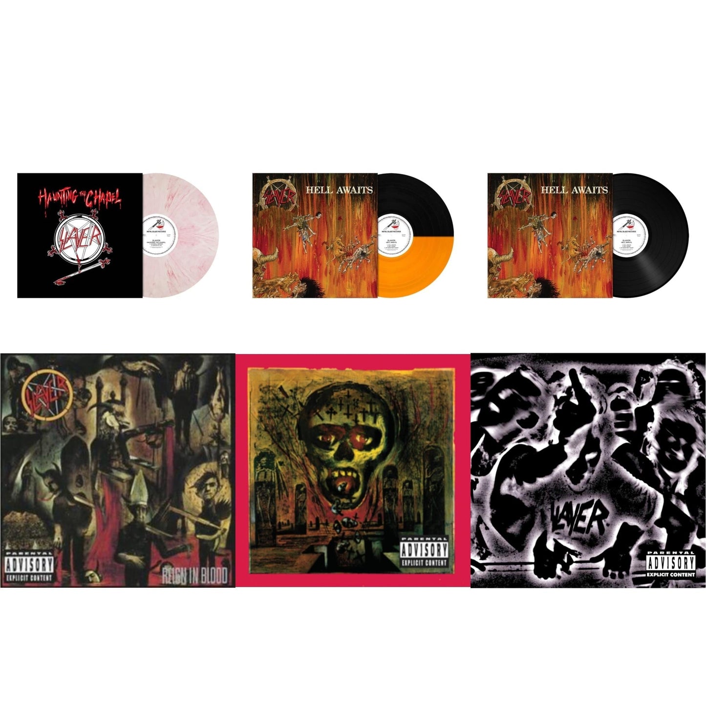 Slayer - Haunting The Chapel (Red & White Marbled LP Vinyl) & Hell Awaits (Transparent Orange & Black Split LP Vinyl) & Hell Awaits (180G) & Reign In Blood & Seasons In Abyss & Undisputed Attitude