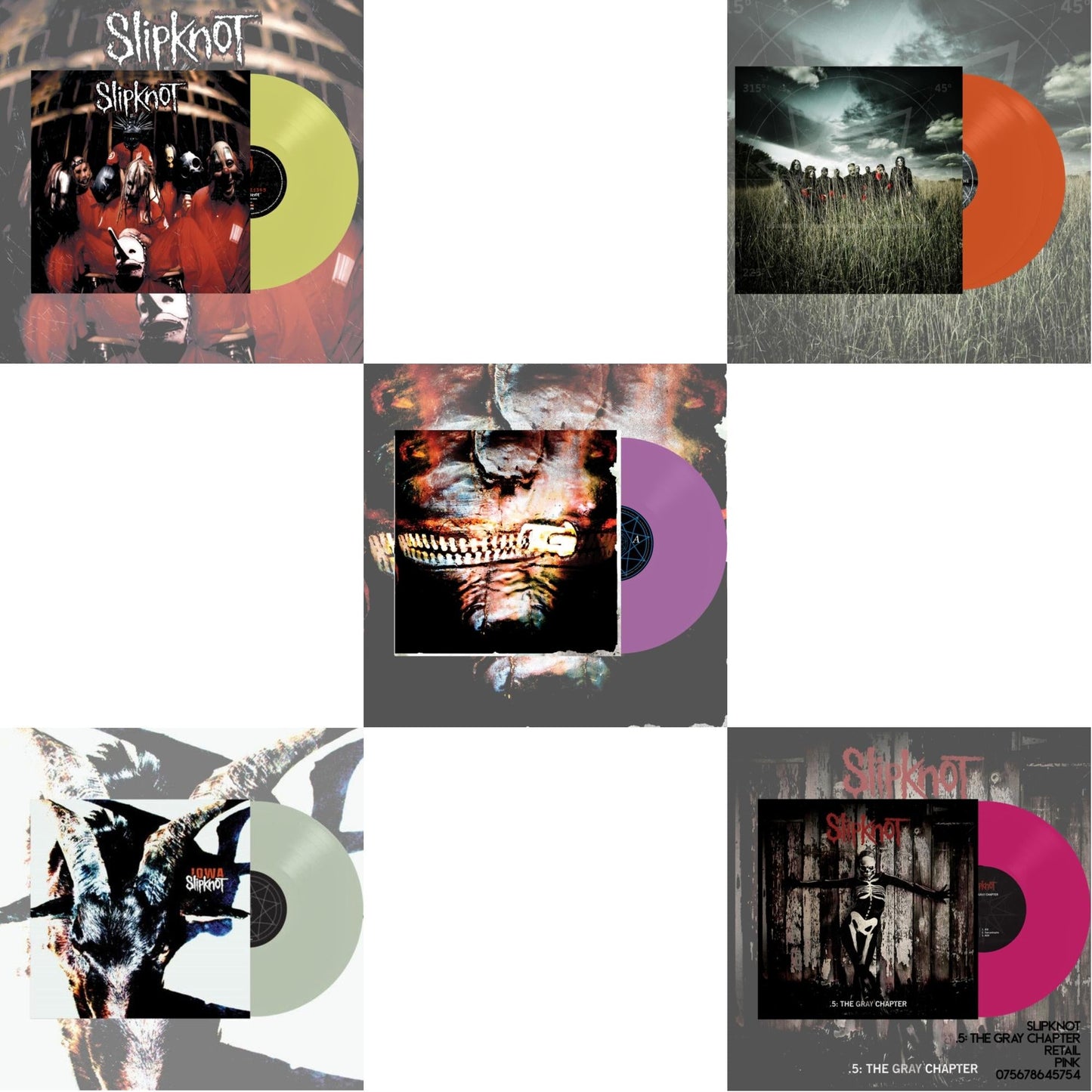 Slipknot - Slipknot (Lemon LP Vinyl) & Iowa (X) (2LP/Color Vinyl) & Volume 3: The Subliminal Verses (X) (Violet Vinyl/2LP) & All Hope Is Gone (Orange Vinyl/2LP) & .5: The Gray Chapter (X) (Pink Vinyl/2LP)