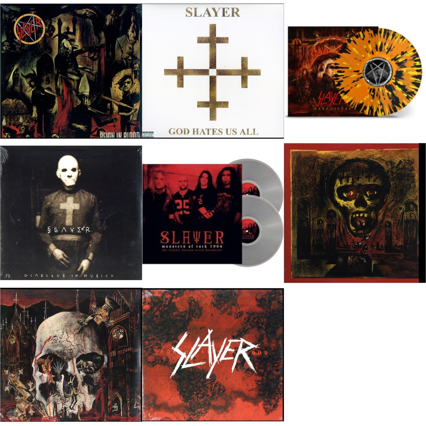 Slayer - Reign In Blood & God Hates Us All & Repentless (Trans Orange Yellow Black Splatter LP Vinyl) & Diabolus In Musica & Monsters Of Rock 1994 (2LP/140G/Clear Vinyl) & Seasons In Abyss & South Of Heaven & World Painted Blood
